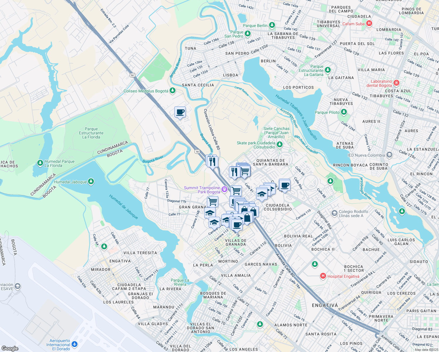 map of restaurants, bars, coffee shops, grocery stores, and more near Calle 80 in Bogotá