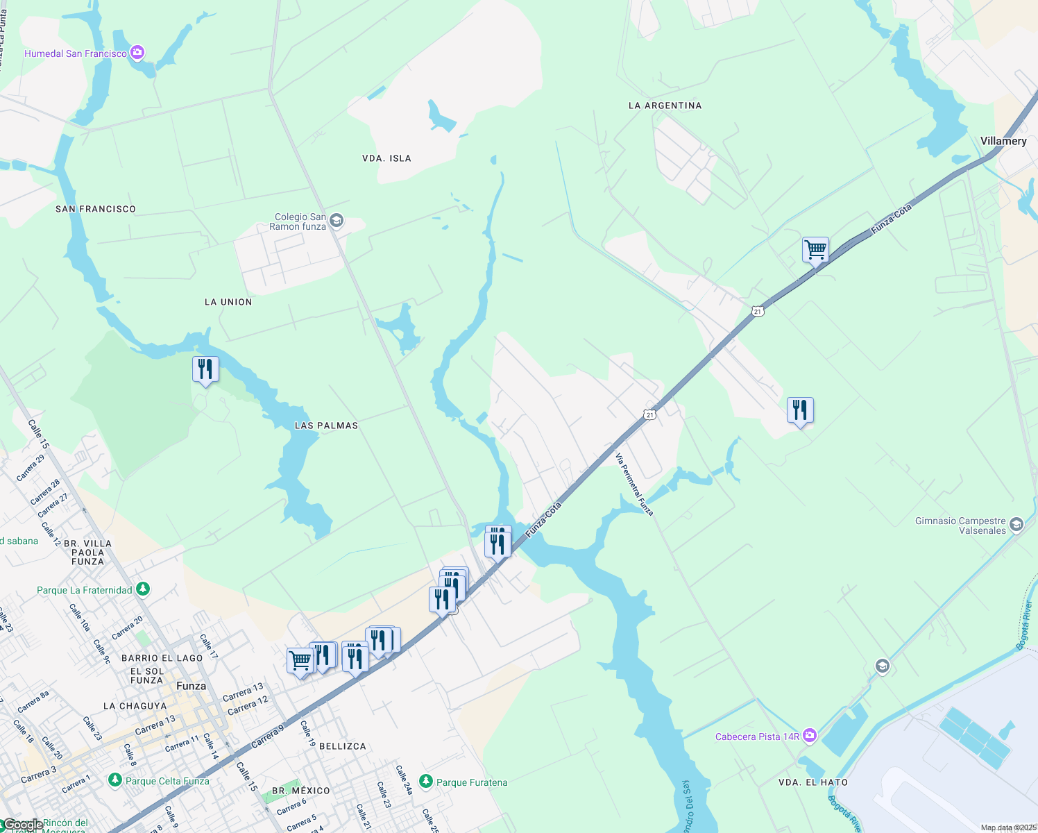 map of restaurants, bars, coffee shops, grocery stores, and more near Km 3 Via Siberia Mosquera in Funza