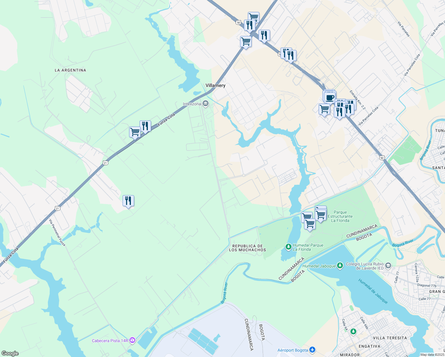 map of restaurants, bars, coffee shops, grocery stores, and more near 103-09 Avenida El Dorado in Bogotá