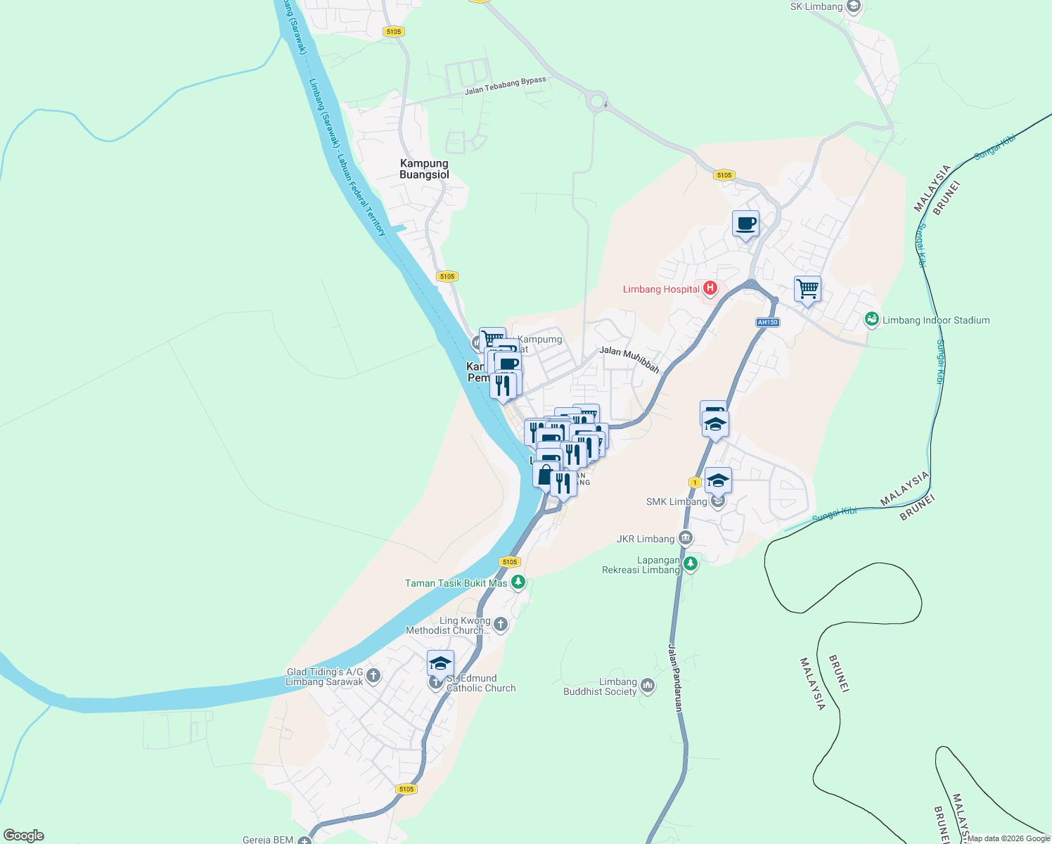 map of restaurants, bars, coffee shops, grocery stores, and more near Jalan Buangsiol in Limbang