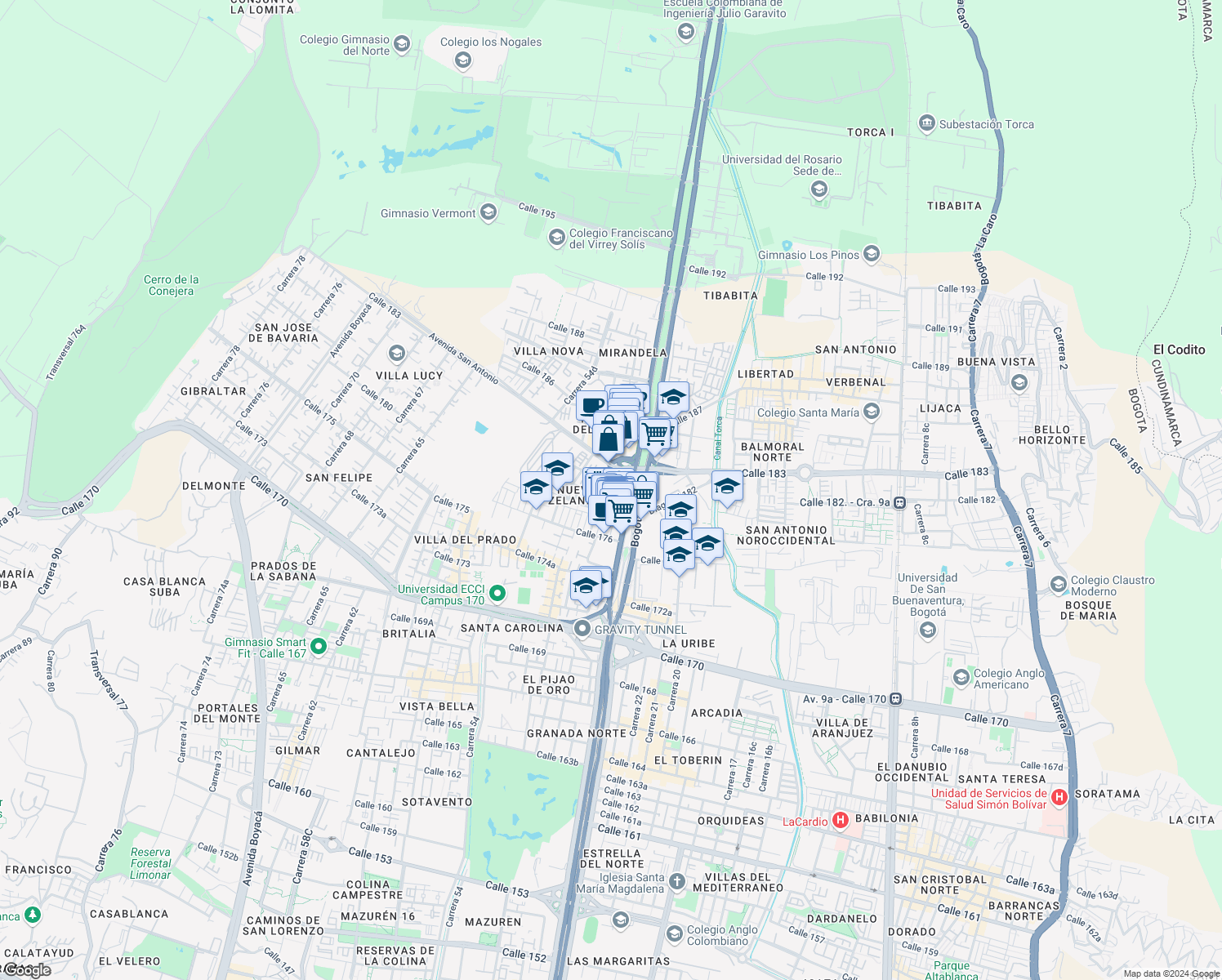 map of restaurants, bars, coffee shops, grocery stores, and more near 4545 Calle 182 in Bogotá