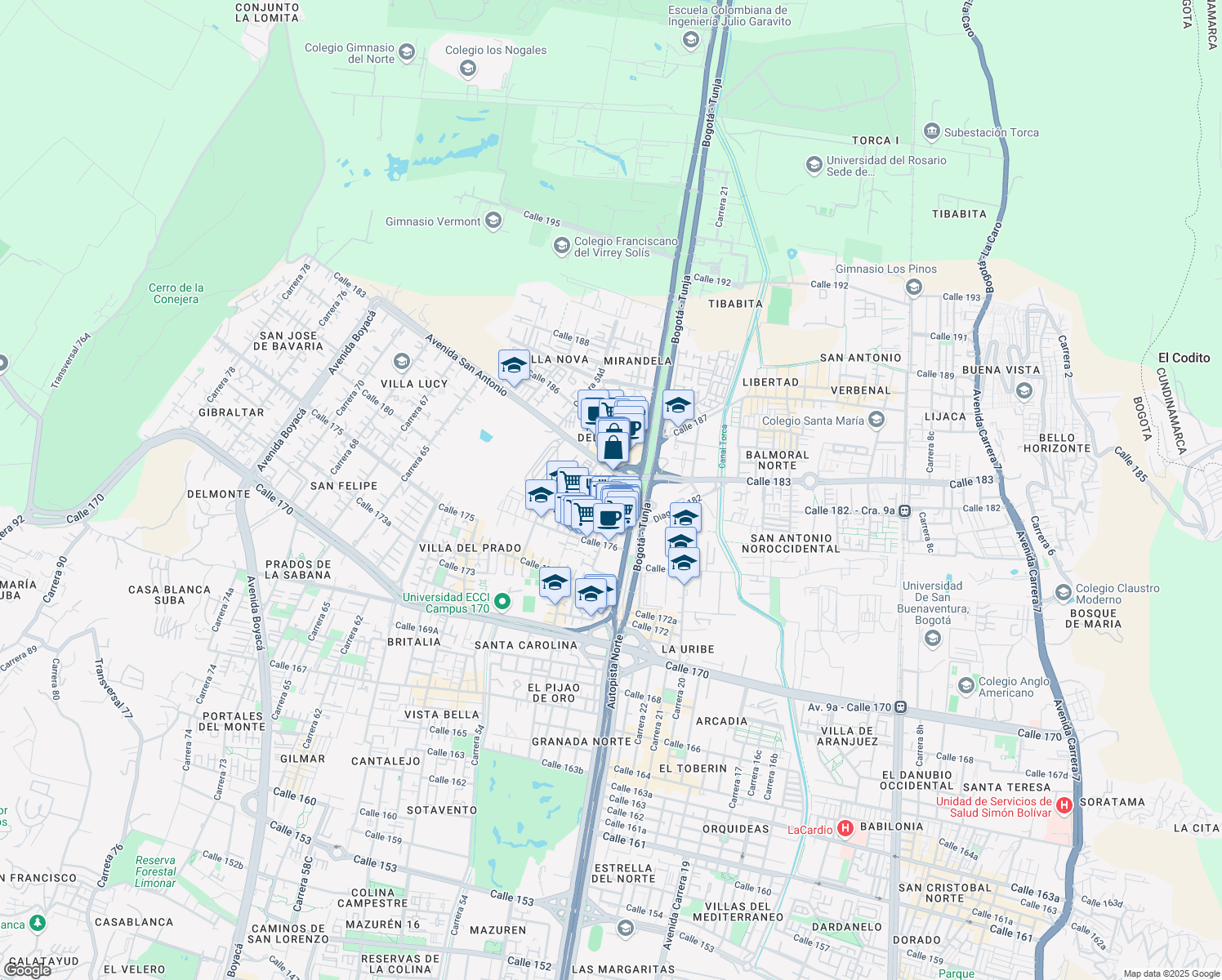 map of restaurants, bars, coffee shops, grocery stores, and more near 4545 Calle 182 in Bogotá