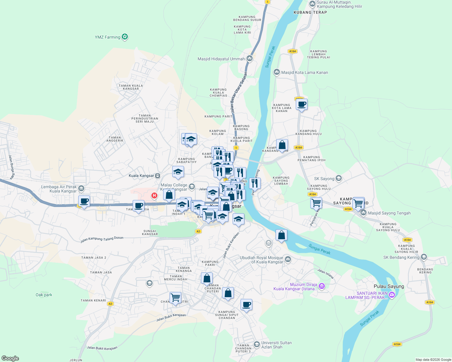 map of restaurants, bars, coffee shops, grocery stores, and more near Jalan Daeng Selili in Kuala Kangsar