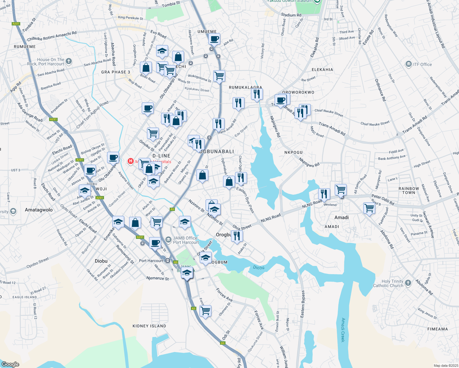 map of restaurants, bars, coffee shops, grocery stores, and more near Ogbunabali Road in Port Harcourt