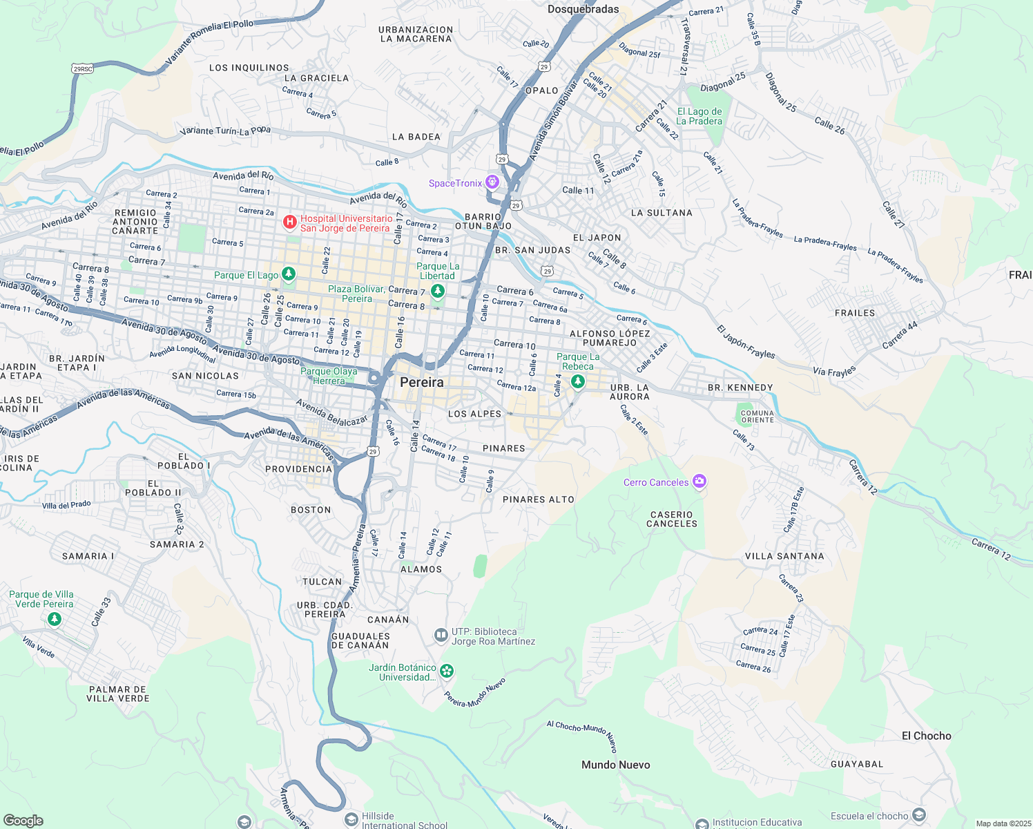 map of restaurants, bars, coffee shops, grocery stores, and more near Circunvalar in Pereira