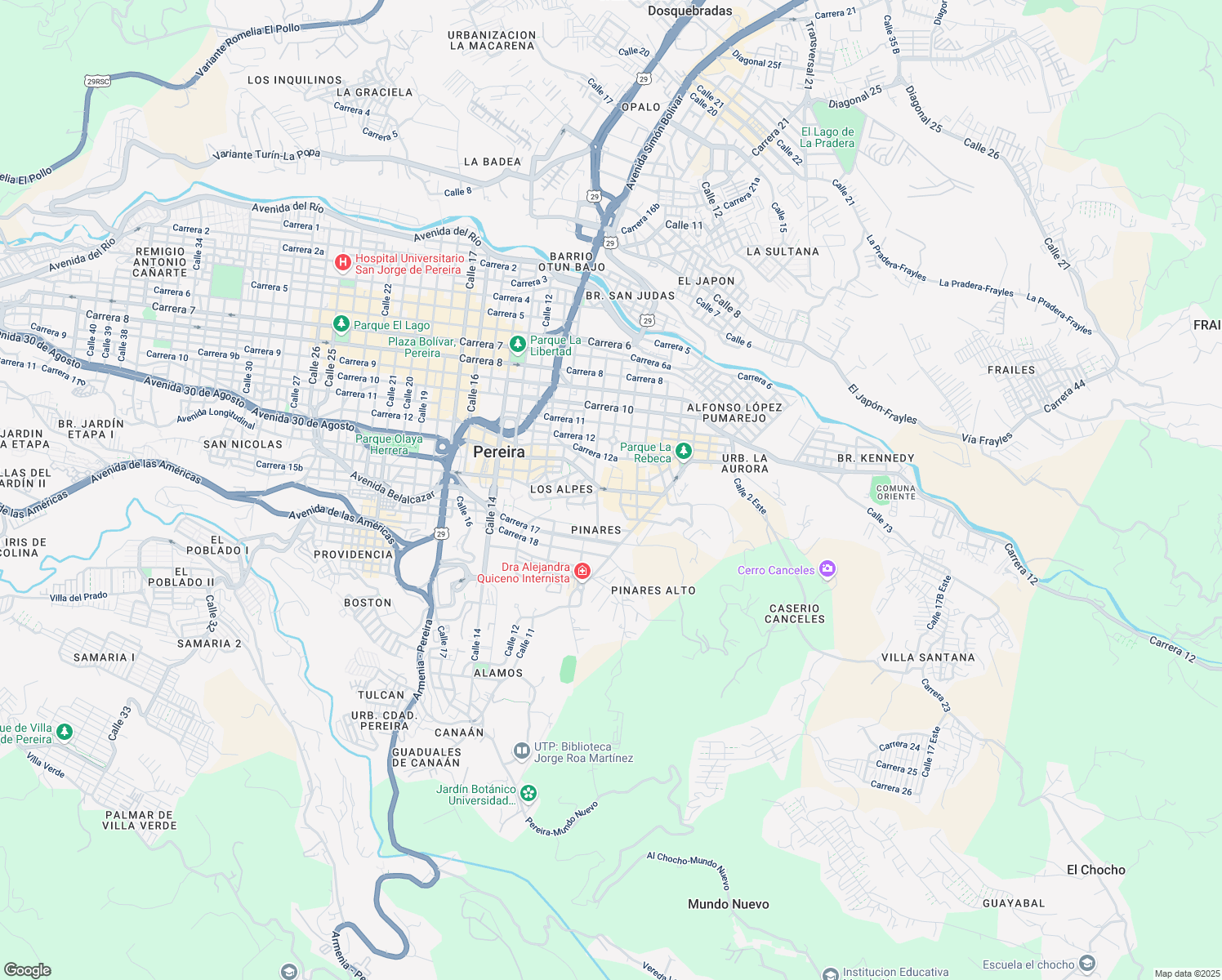 map of restaurants, bars, coffee shops, grocery stores, and more near Circunvalar in Pereira