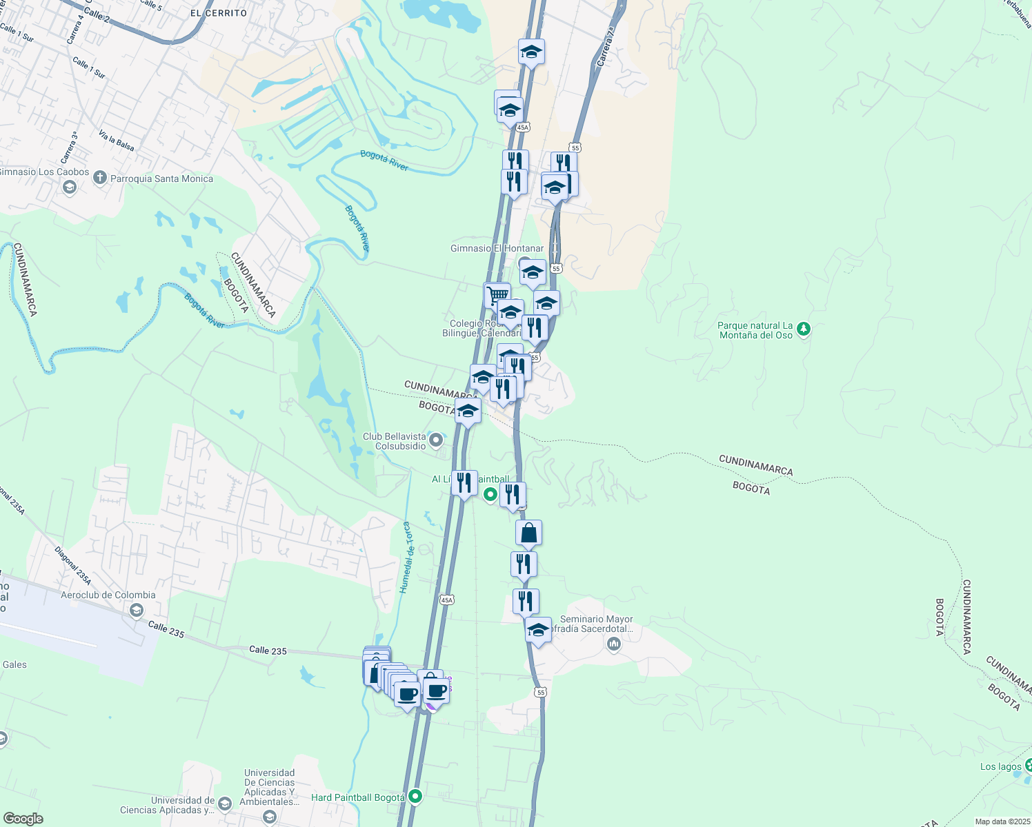 map of restaurants, bars, coffee shops, grocery stores, and more near 25039 Carrera 7 in Chía