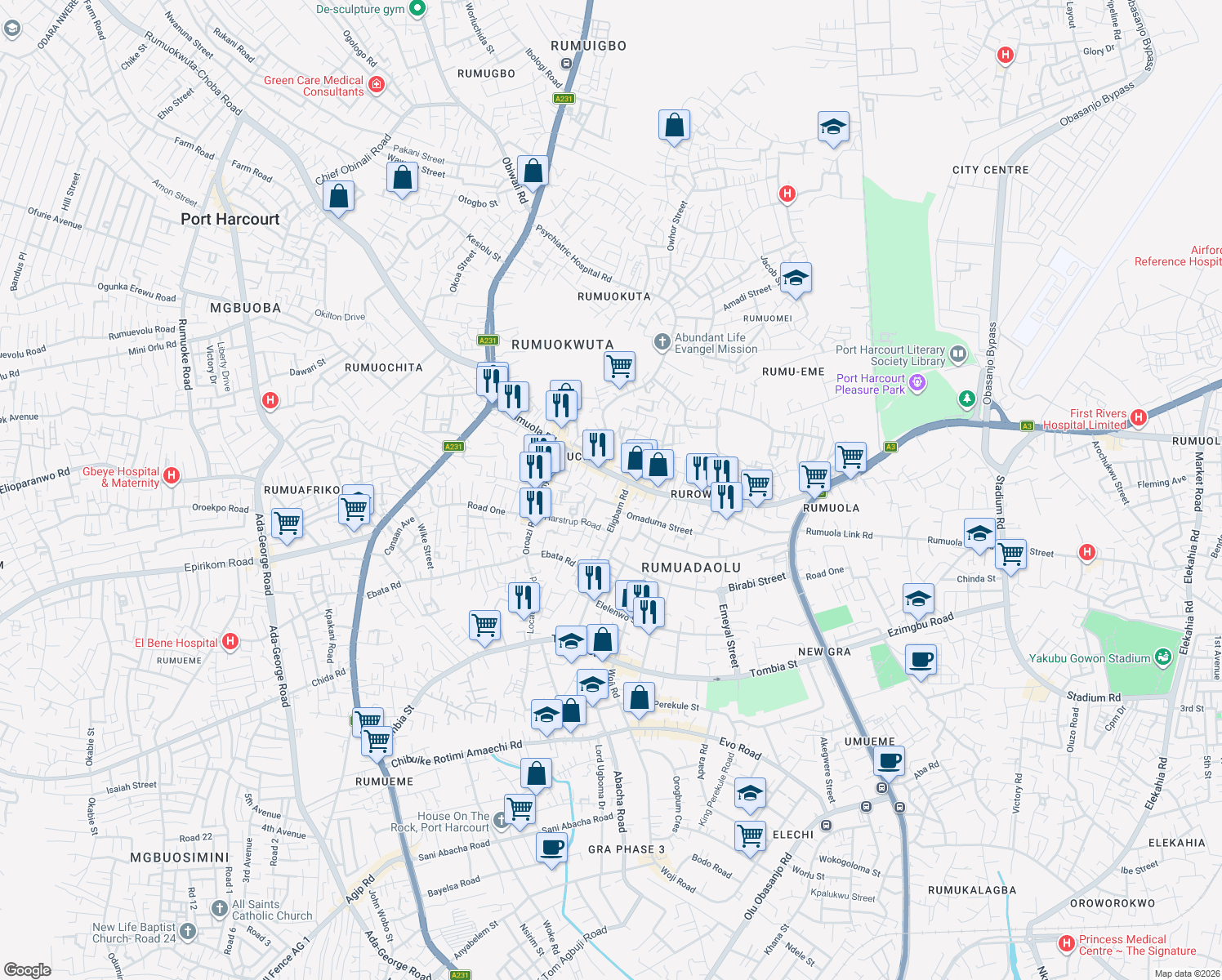 map of restaurants, bars, coffee shops, grocery stores, and more near Elegbam Road in Port Harcourt