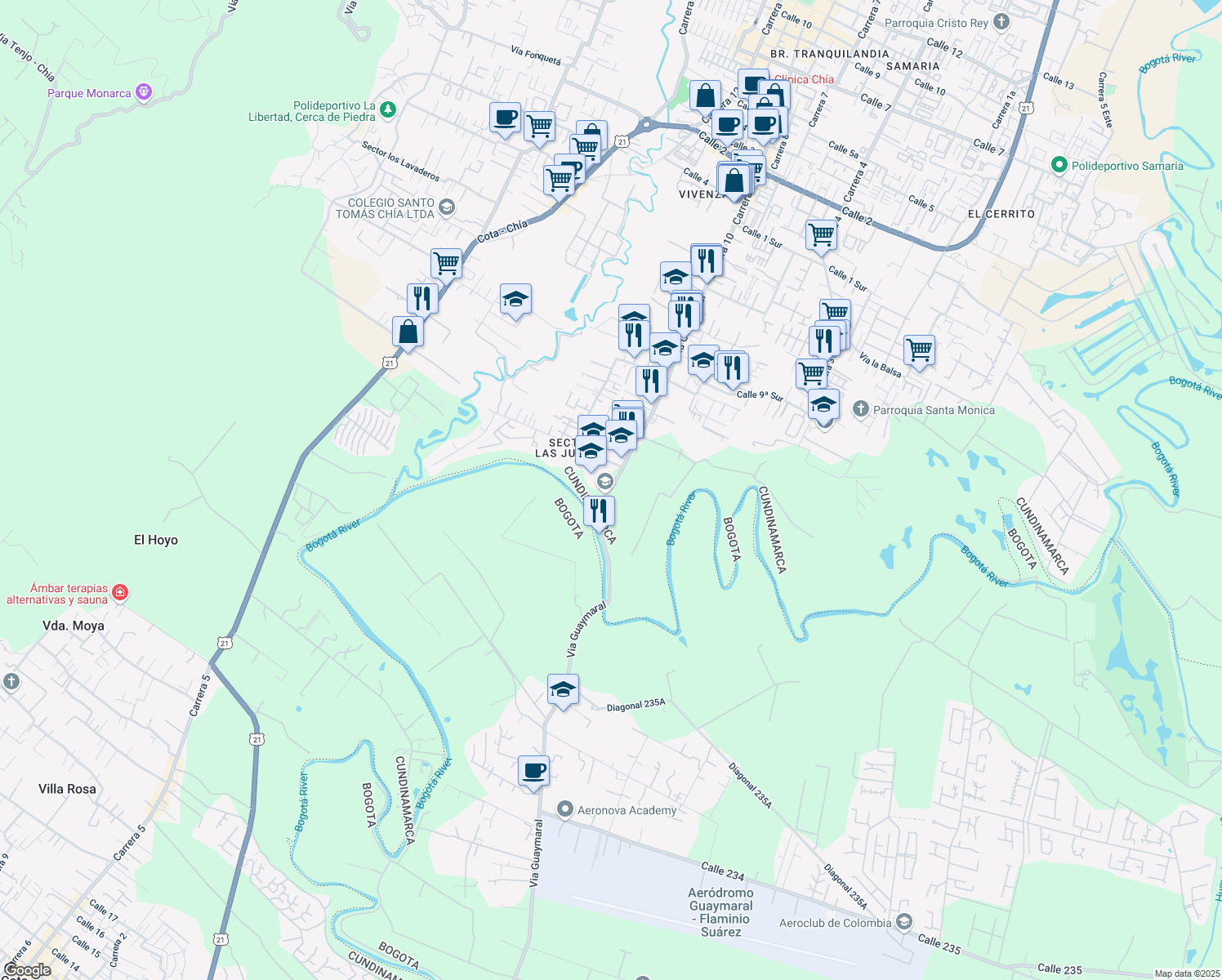 map of restaurants, bars, coffee shops, grocery stores, and more near Guaymaral in Chia