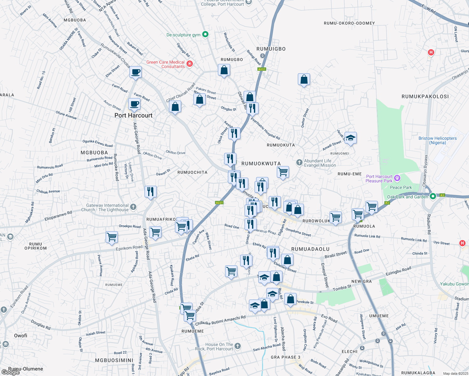 map of restaurants, bars, coffee shops, grocery stores, and more near Rumuola Road in Port Harcourt