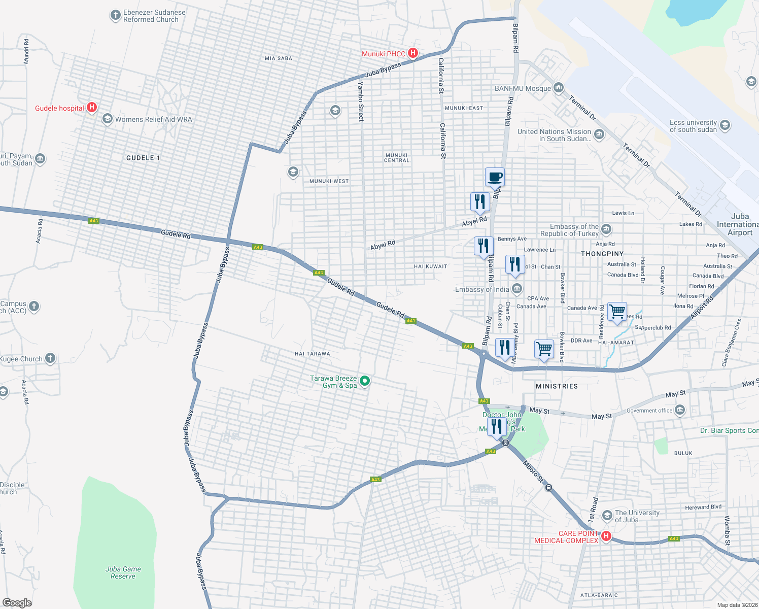 map of restaurants, bars, coffee shops, grocery stores, and more near A43 in Juba