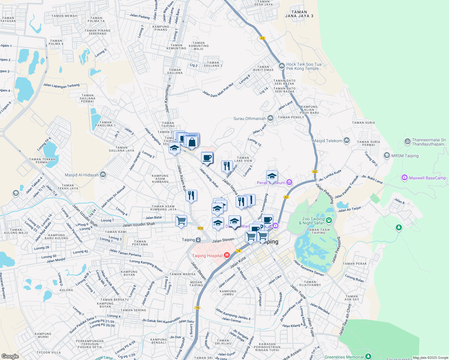 map of restaurants, bars, coffee shops, grocery stores, and more near Jalan Istana Larut in Taiping