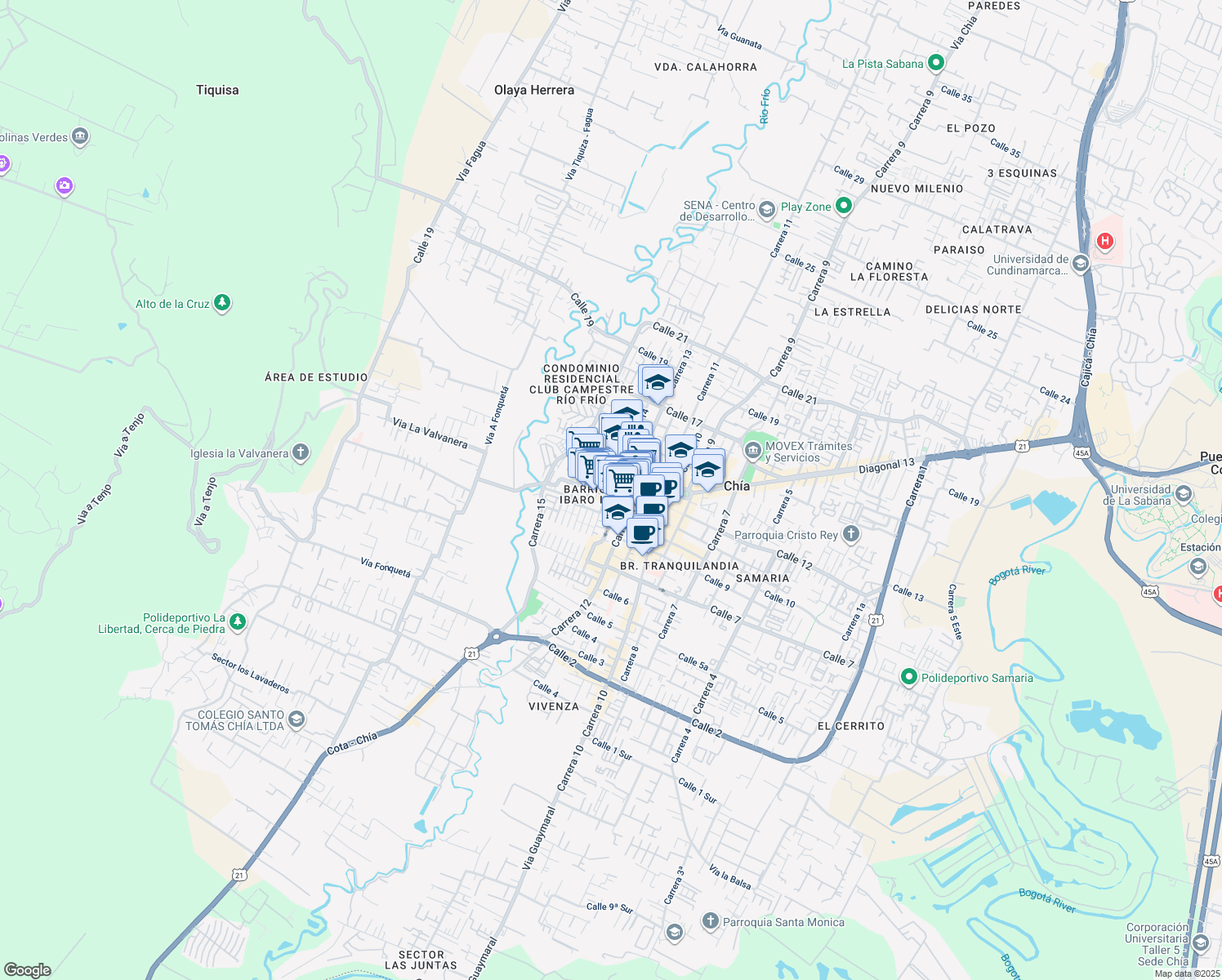 map of restaurants, bars, coffee shops, grocery stores, and more near 1151 Carrera 14 in Chía