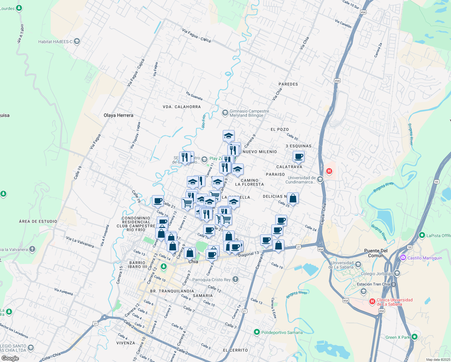 map of restaurants, bars, coffee shops, grocery stores, and more near Carrera 9 in Chía