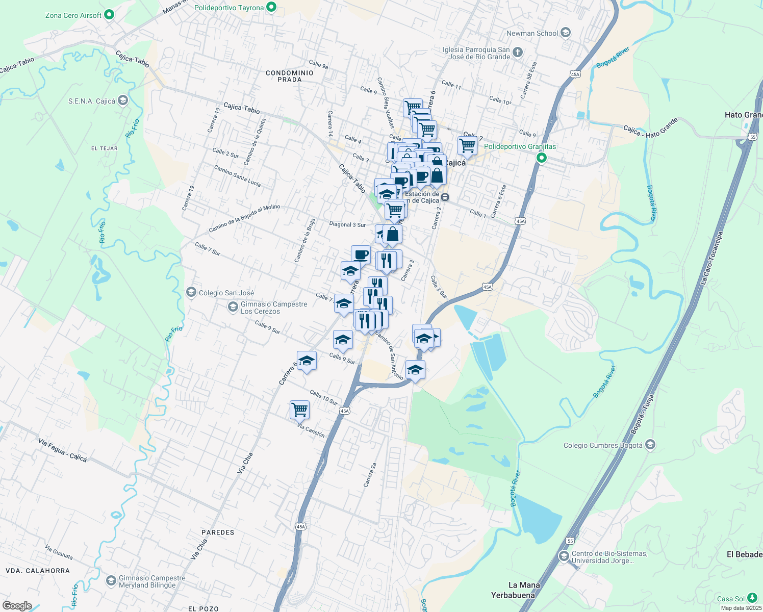 map of restaurants, bars, coffee shops, grocery stores, and more near Carrera 5 in Cajicá