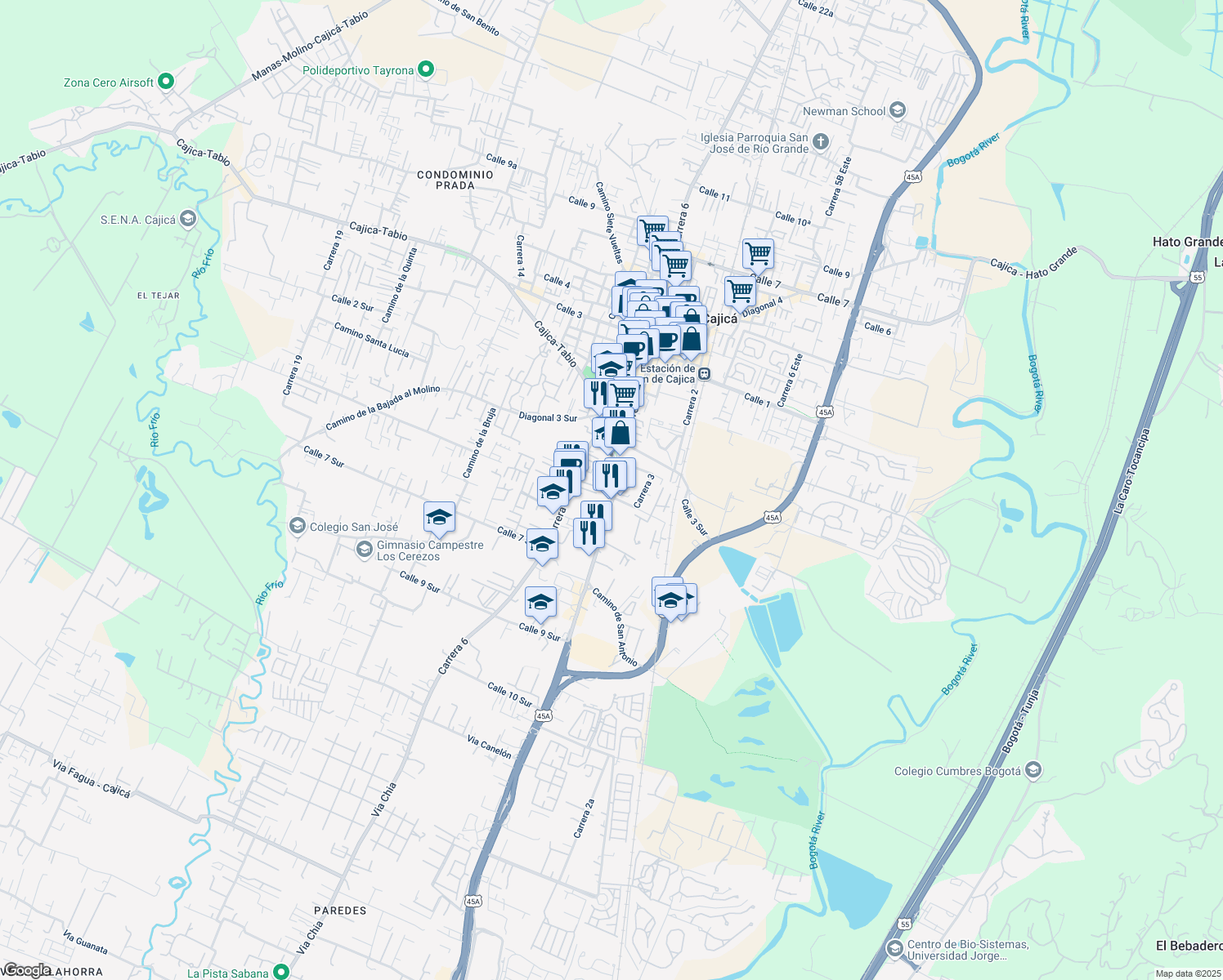 map of restaurants, bars, coffee shops, grocery stores, and more near in Cajicá