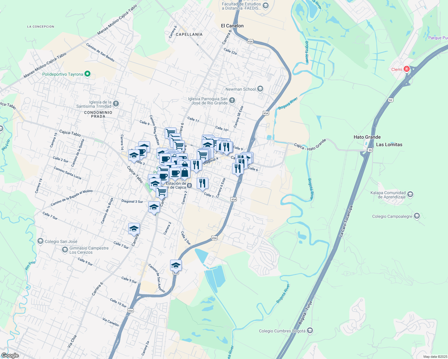 map of restaurants, bars, coffee shops, grocery stores, and more near in Cajicá