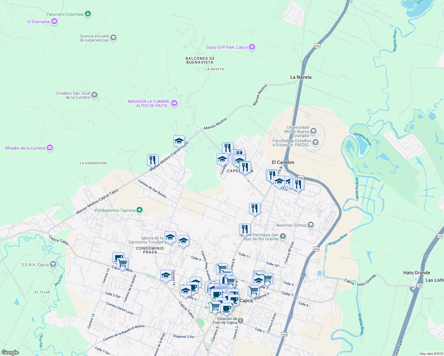 map of restaurants, bars, coffee shops, grocery stores, and more near Calle 1 in Cajicá