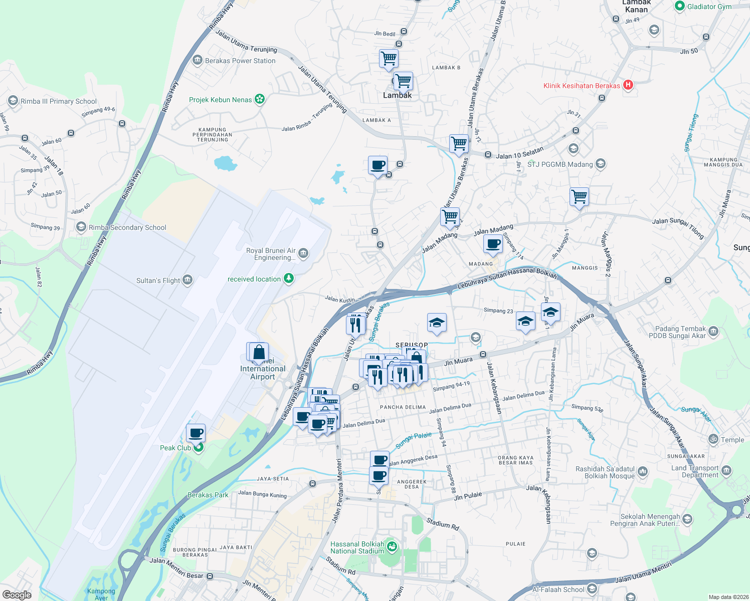 map of restaurants, bars, coffee shops, grocery stores, and more near Jalan Utama Berakas in Bandar Seri Begawan