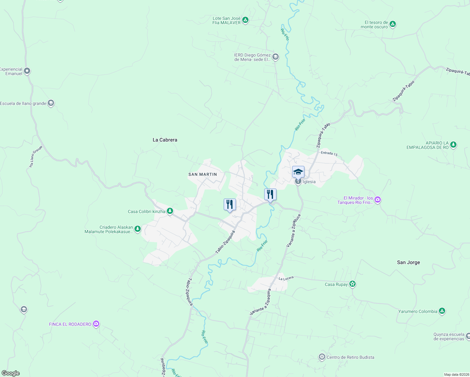 map of restaurants, bars, coffee shops, grocery stores, and more near Vereda Rio Frio in Tabio