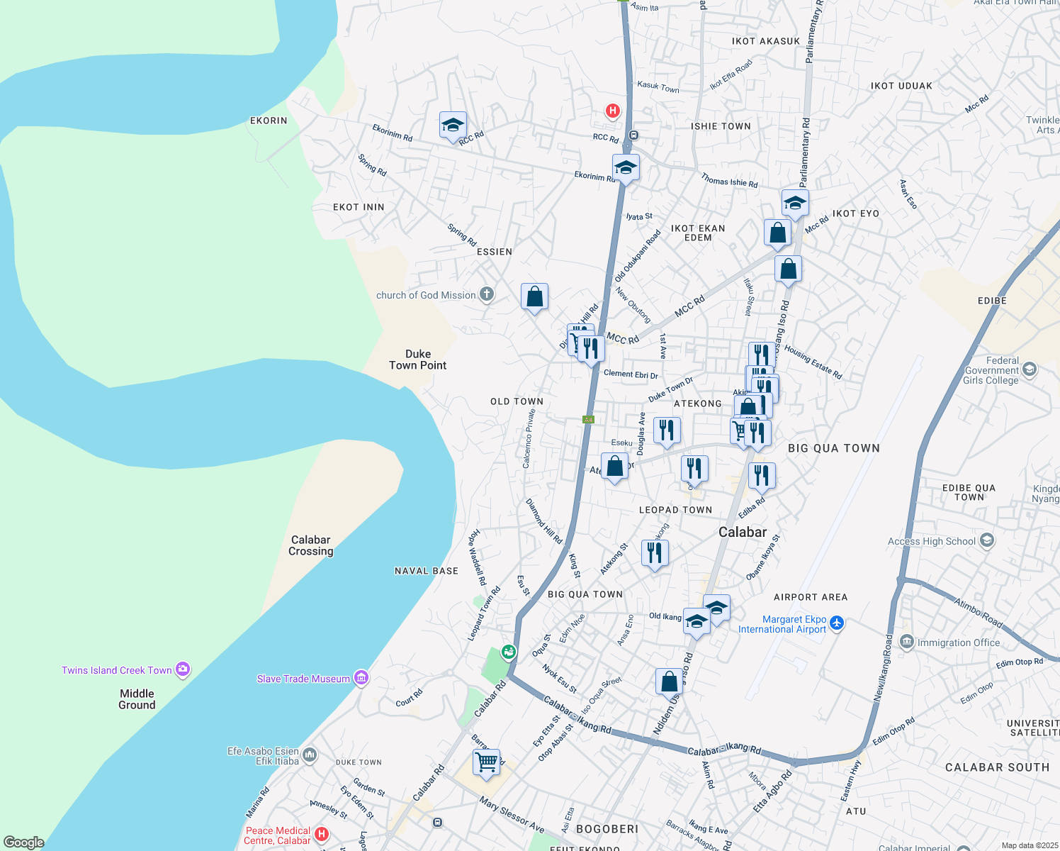 map of restaurants, bars, coffee shops, grocery stores, and more near Diamond Hill Rd in Calabar