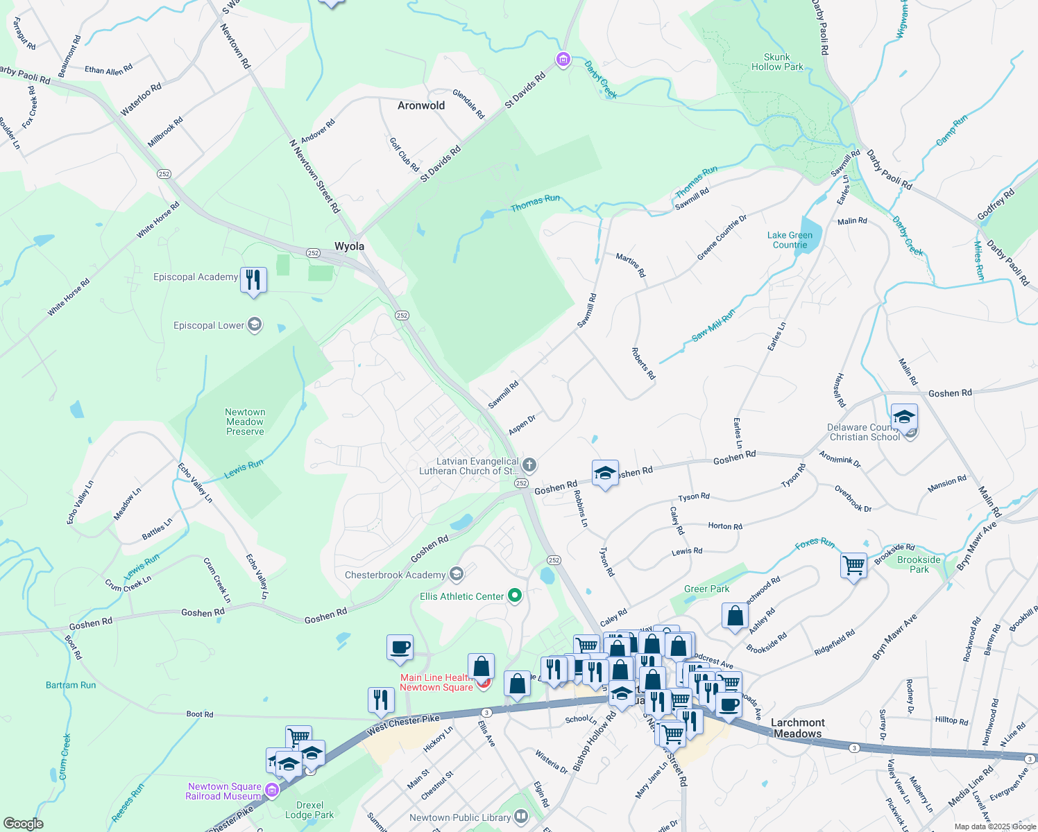 map of restaurants, bars, coffee shops, grocery stores, and more near 4 Aspen Drive in Newtown Square