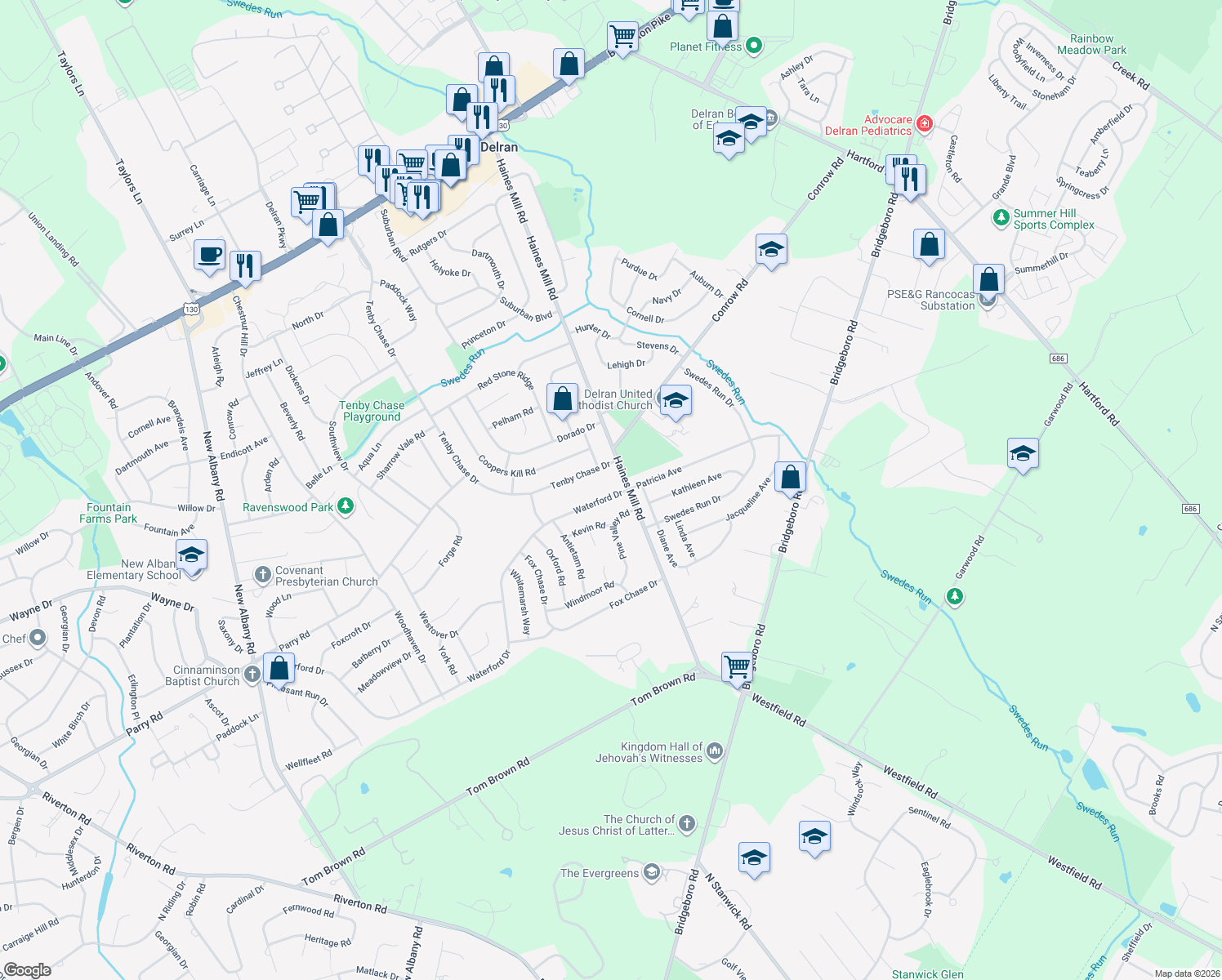 map of restaurants, bars, coffee shops, grocery stores, and more near 903 Waterford Drive in Delran