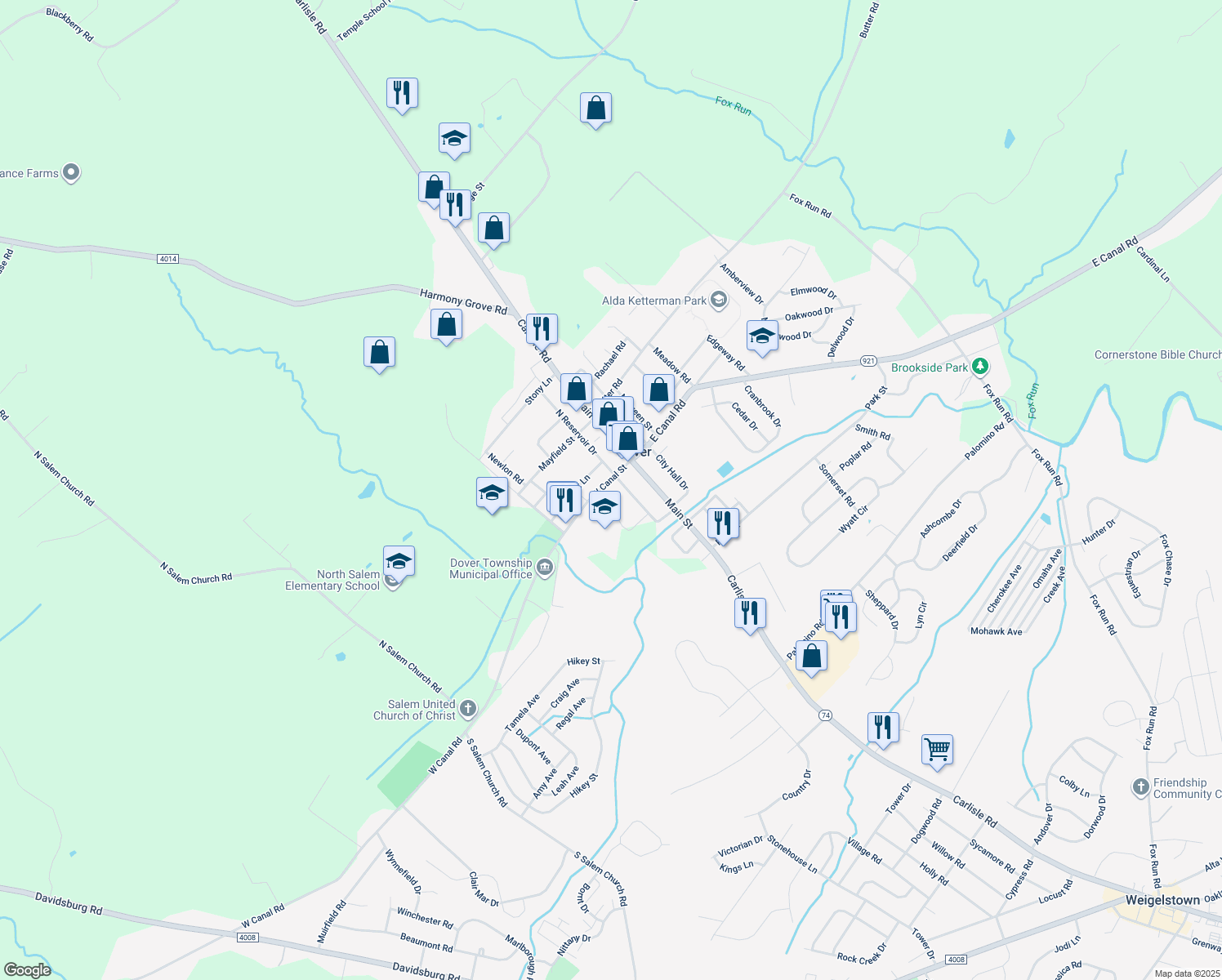 map of restaurants, bars, coffee shops, grocery stores, and more near 28 West Canal Street in Dover