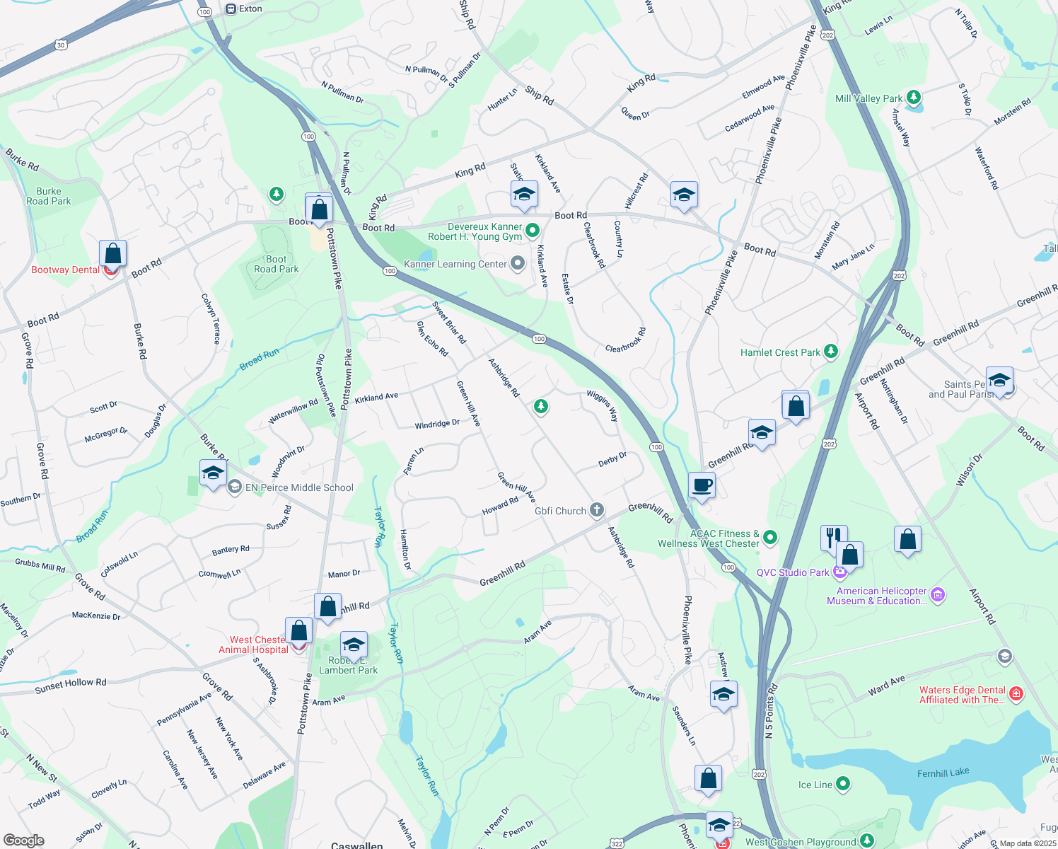 map of restaurants, bars, coffee shops, grocery stores, and more near 1302 Ashbridge Rd in West Chester