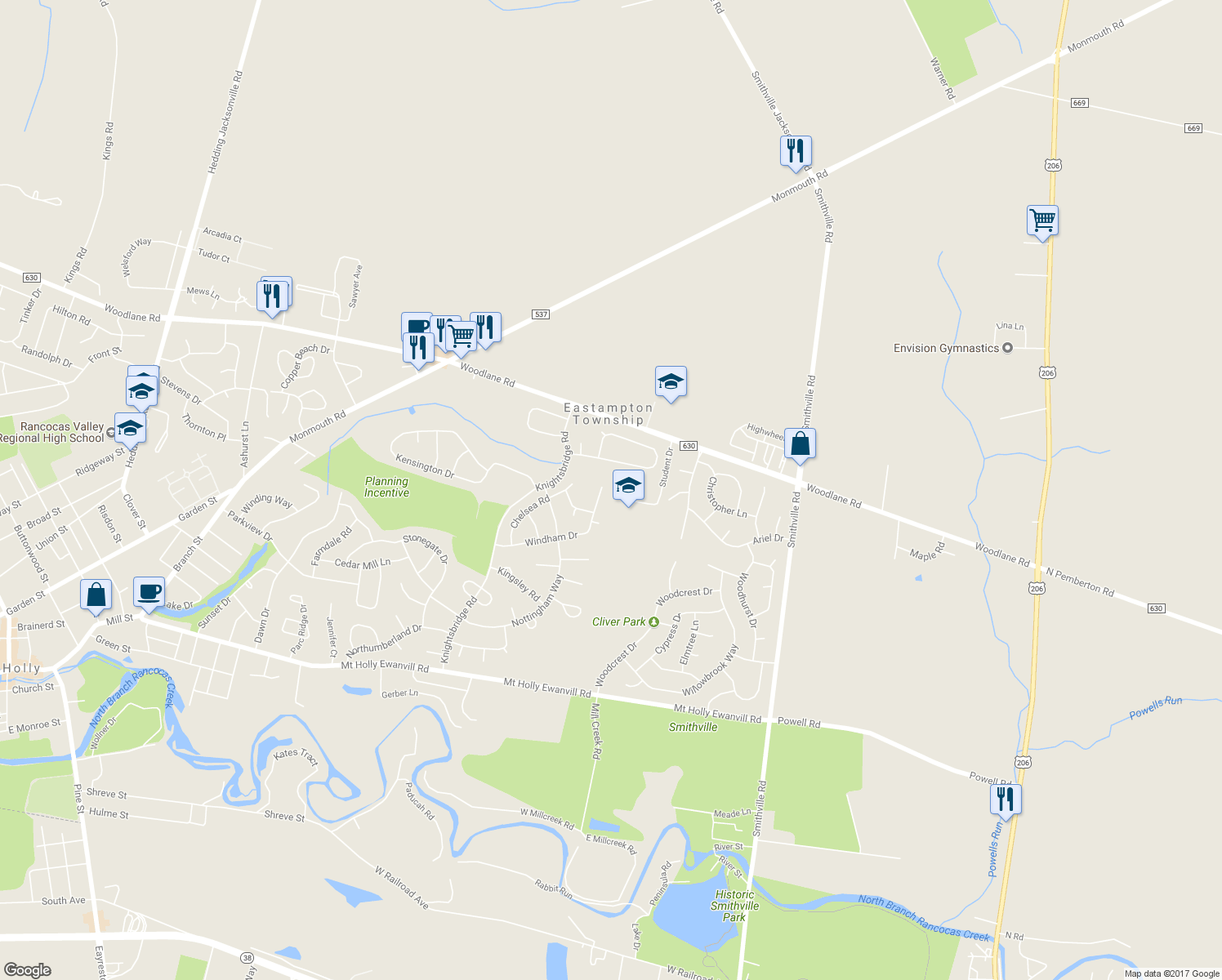 map of restaurants, bars, coffee shops, grocery stores, and more near 46 Windham Drive in Mount Holly