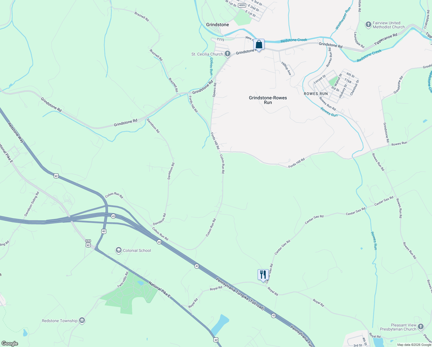 map of restaurants, bars, coffee shops, grocery stores, and more near 319 Colvin Run Road in Grindstone