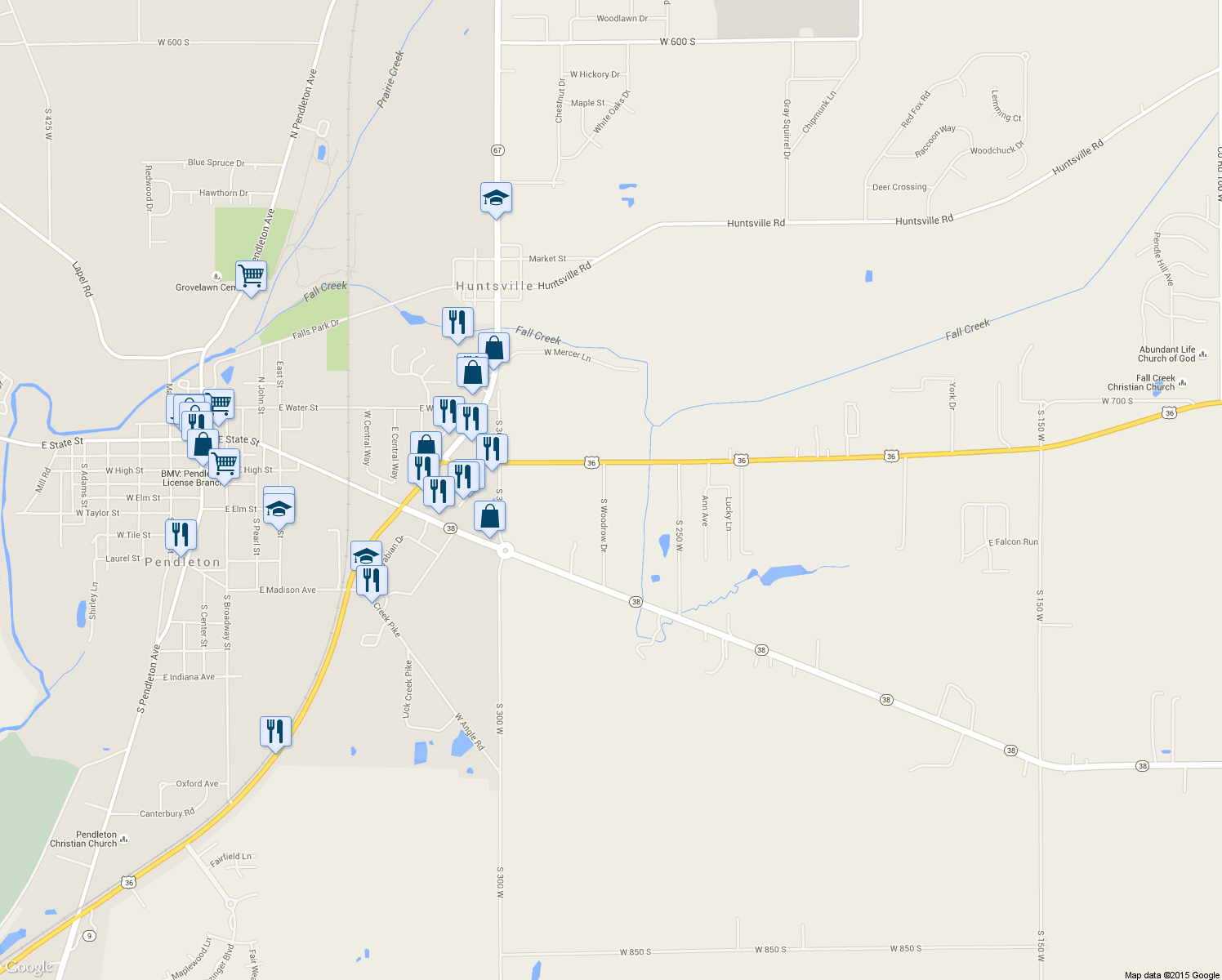 map of restaurants, bars, coffee shops, grocery stores, and more near 7228 South Woodrow Drive in Pendleton