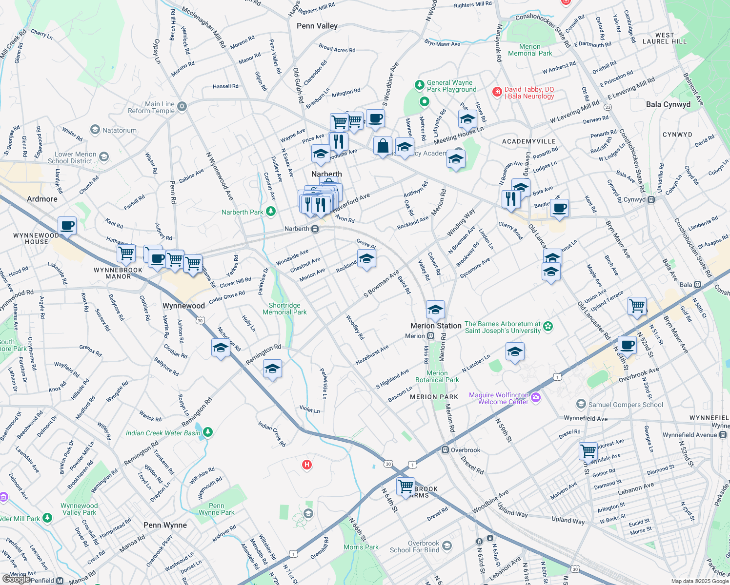 map of restaurants, bars, coffee shops, grocery stores, and more near 615 South Bowman Avenue in Merion Station