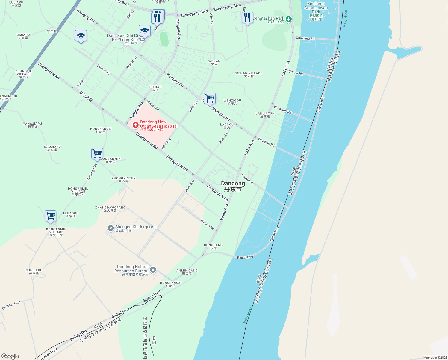 map of restaurants, bars, coffee shops, grocery stores, and more near in Dan Dong Shi