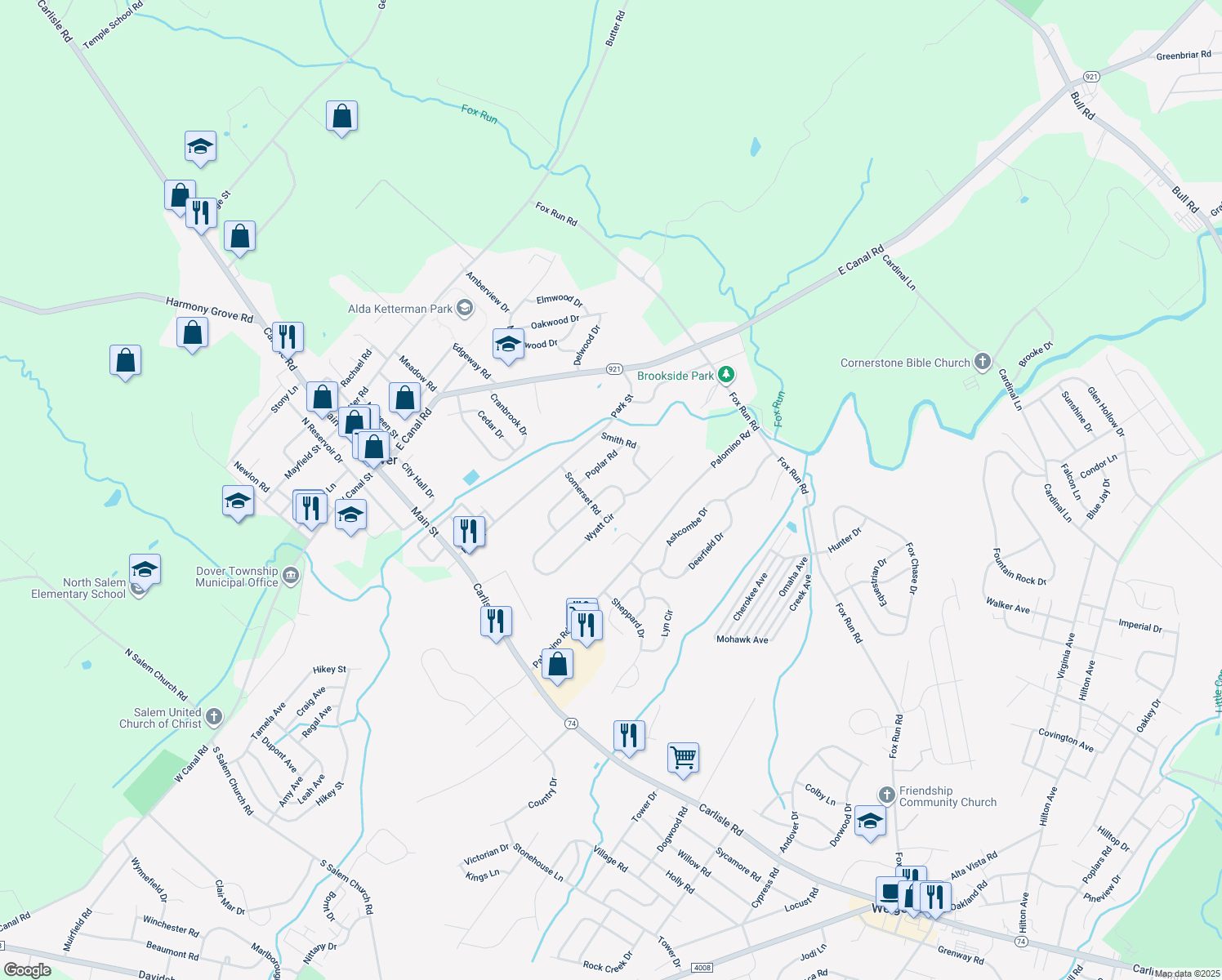 map of restaurants, bars, coffee shops, grocery stores, and more near 1846 Wyatt Circle in Dover