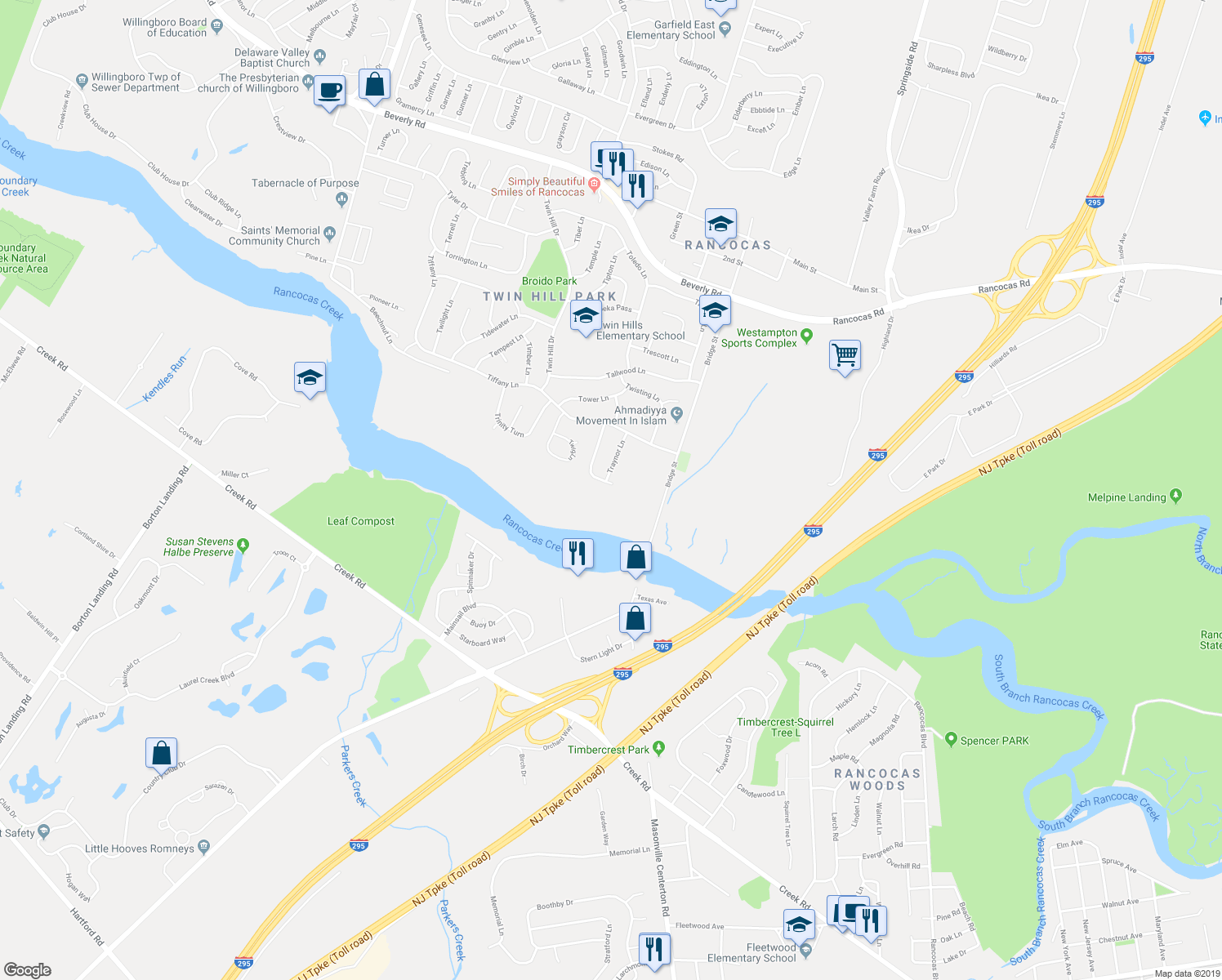 map of restaurants, bars, coffee shops, grocery stores, and more near 58 Tweedstone Lane in Willingboro