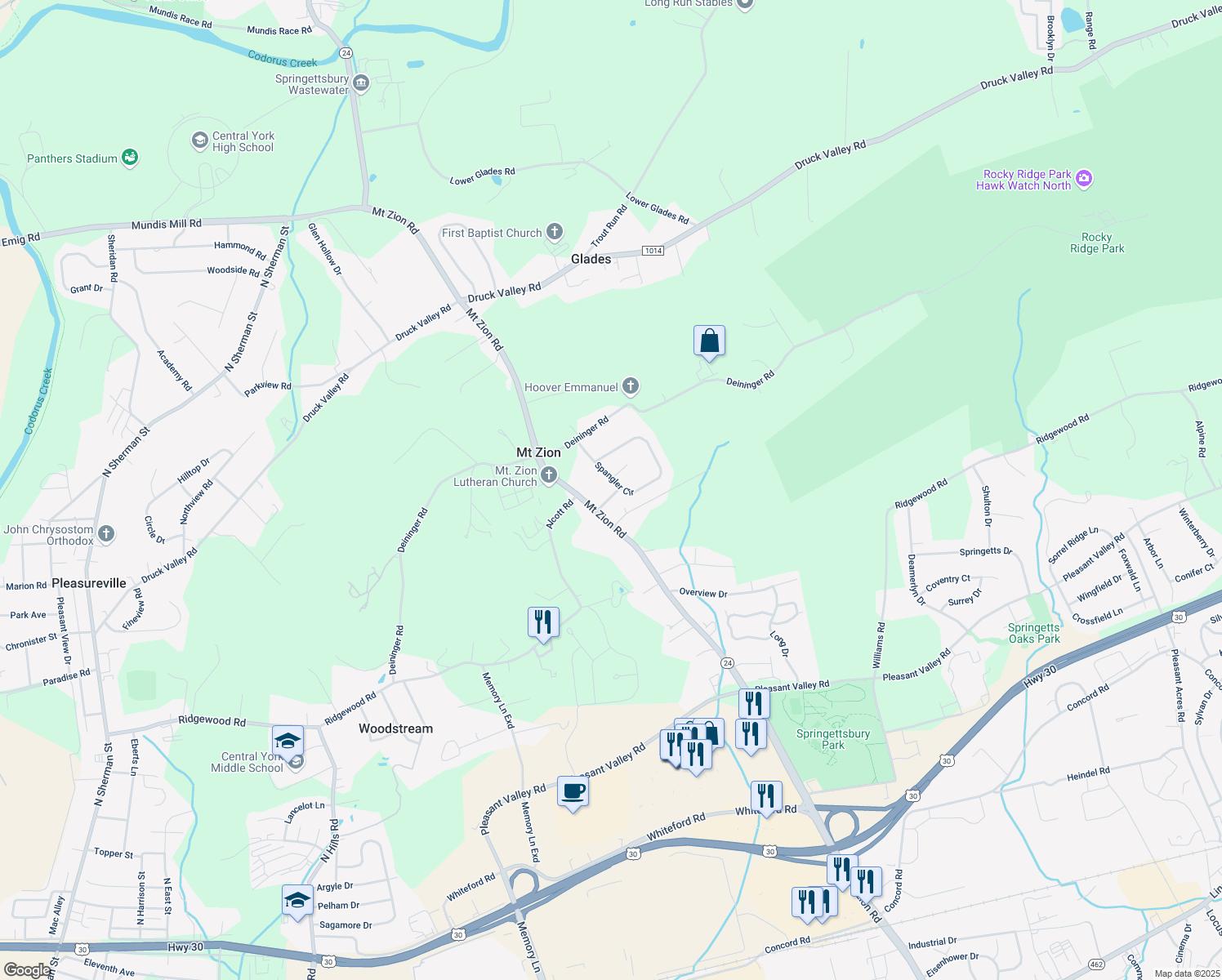 map of restaurants, bars, coffee shops, grocery stores, and more near 3333 Poses Place in York