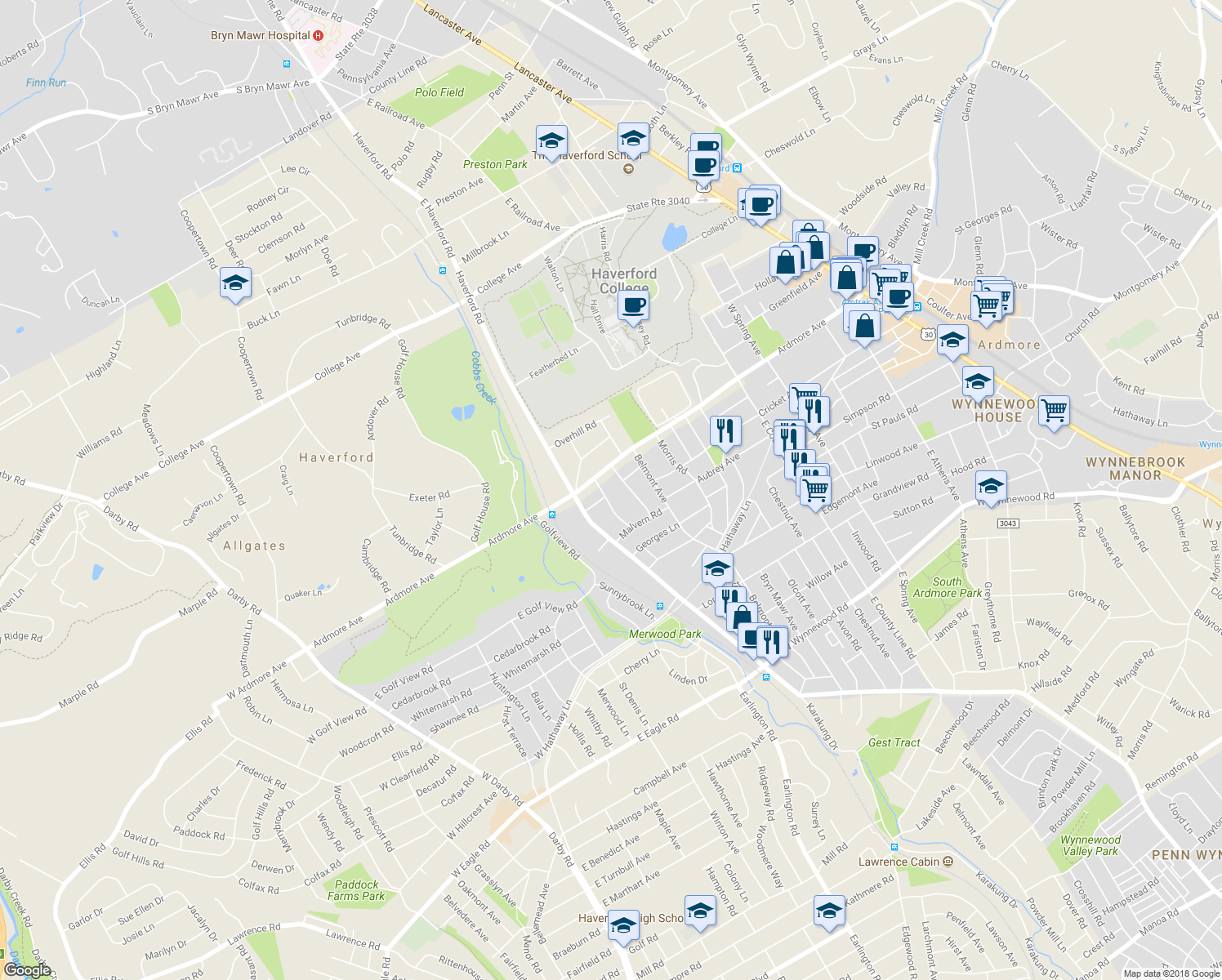 map of restaurants, bars, coffee shops, grocery stores, and more near 2941 Mapleshade Road in Ardmore