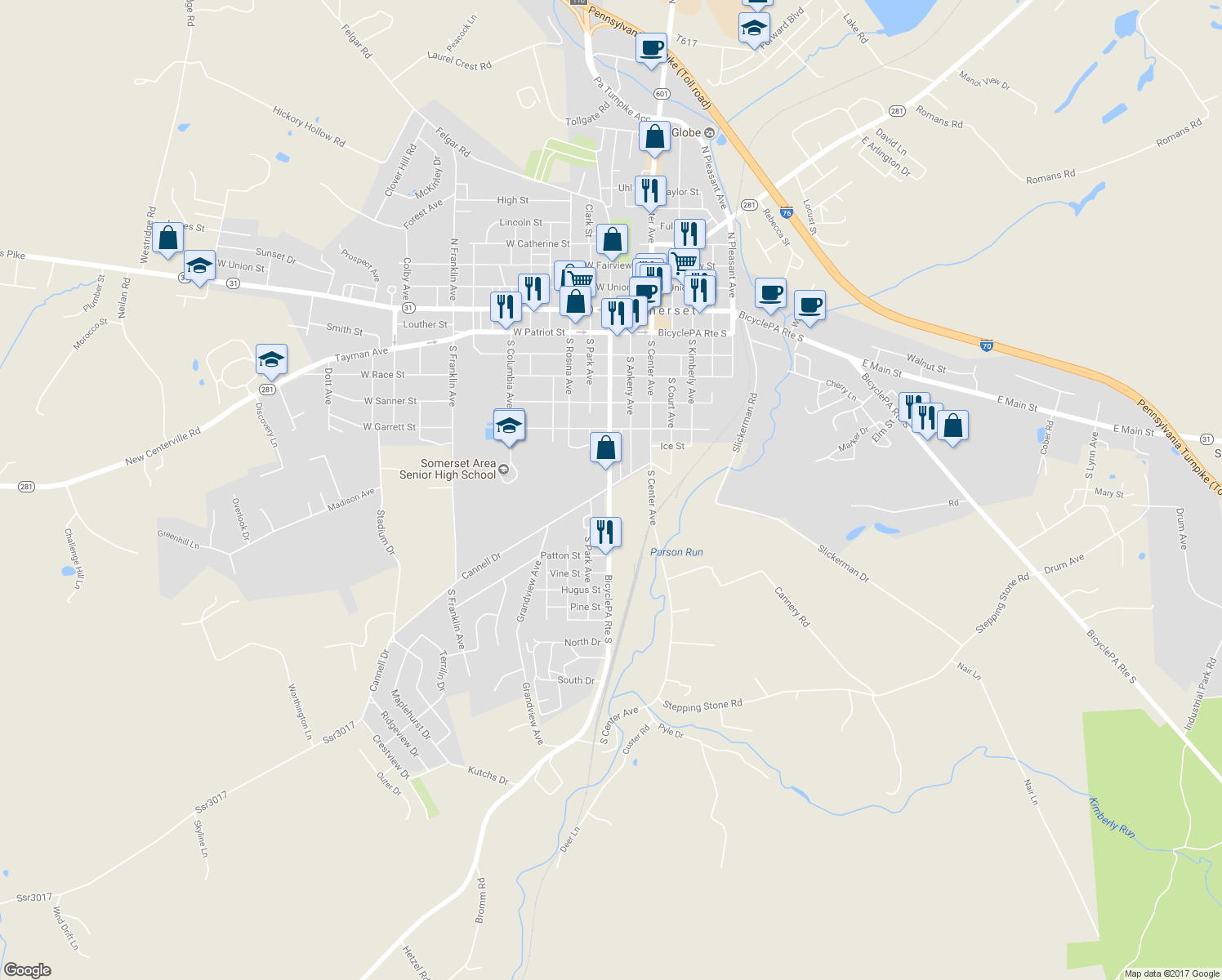 map of restaurants, bars, coffee shops, grocery stores, and more near 809 South Edgewood Avenue in Somerset