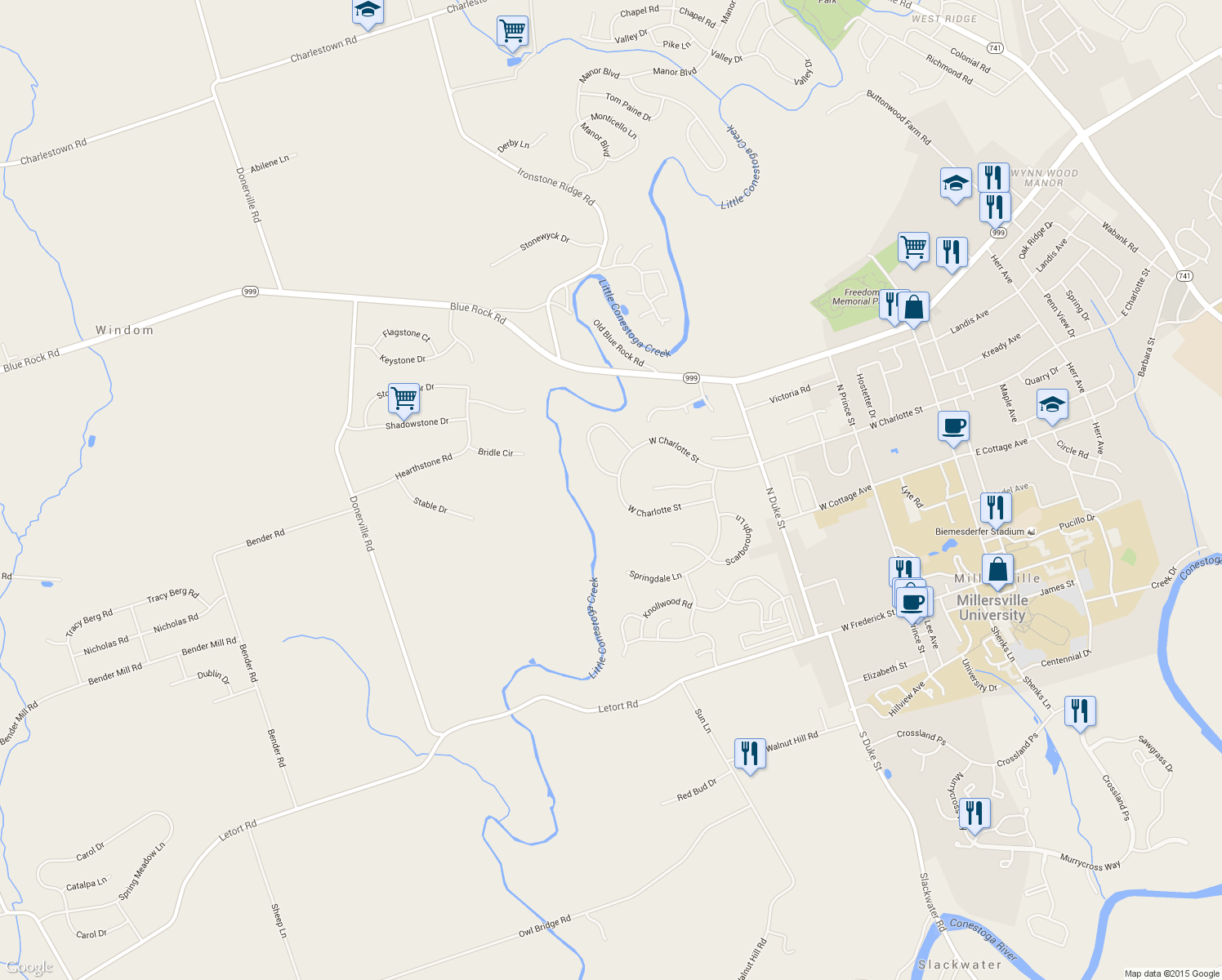 map of restaurants, bars, coffee shops, grocery stores, and more near 387 West Charlotte Street in Millersville