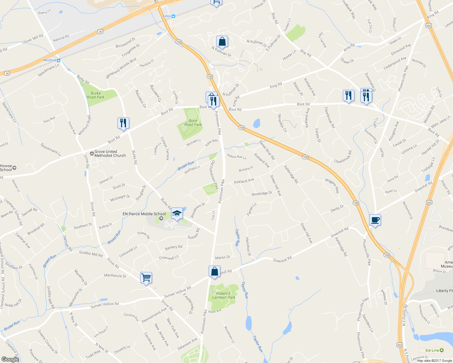 map of restaurants, bars, coffee shops, grocery stores, and more near 1 Kirkland Avenue in West Chester