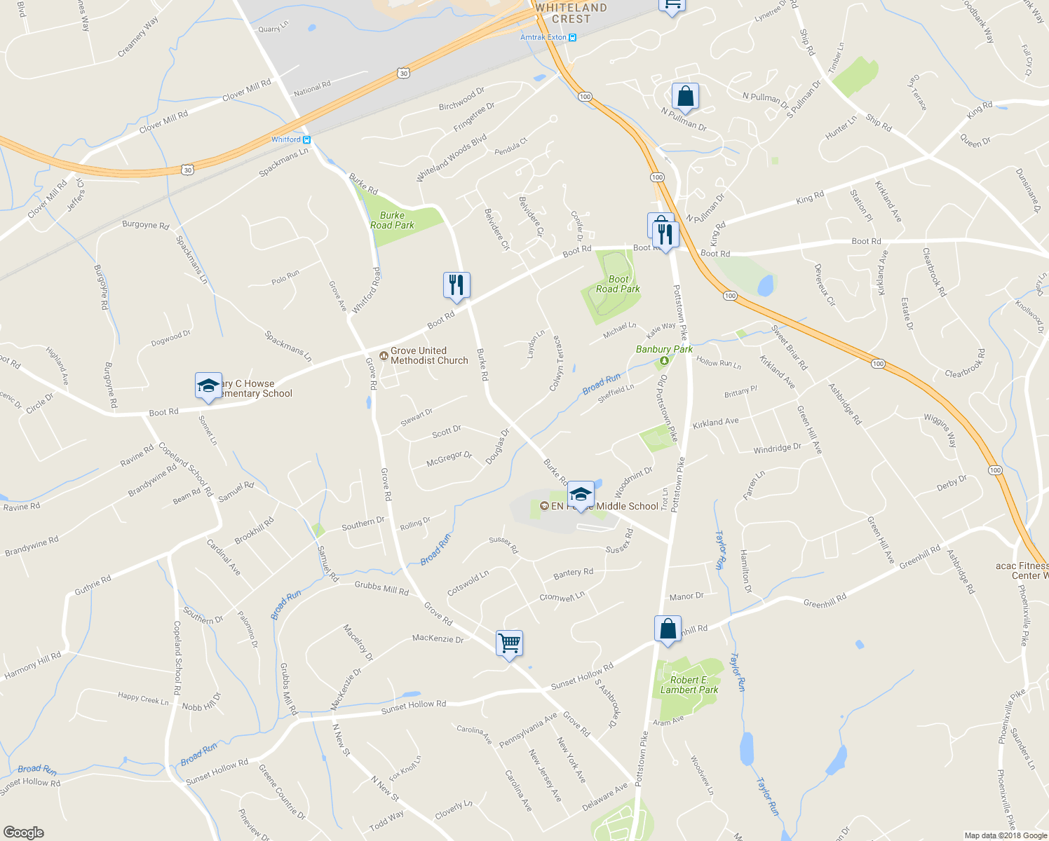 map of restaurants, bars, coffee shops, grocery stores, and more near 308 Colwyn Terrace in West Chester