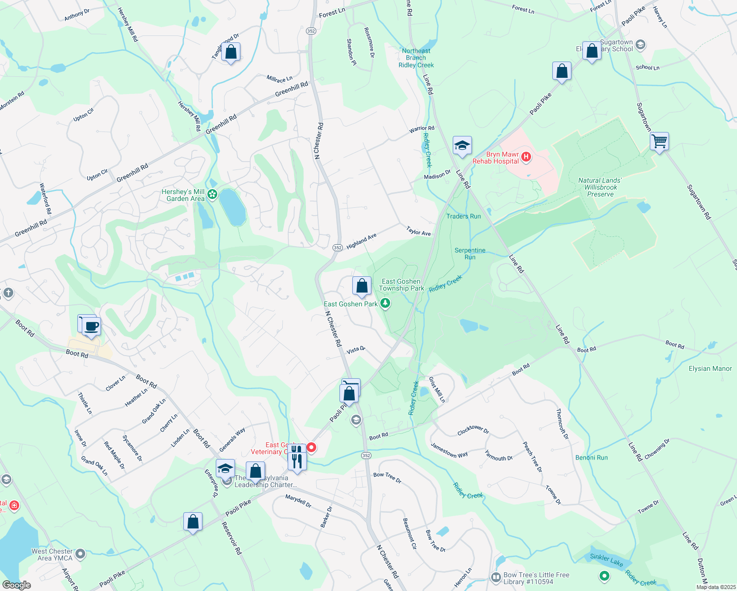 map of restaurants, bars, coffee shops, grocery stores, and more near 929 Linda Vista Drive in West Chester