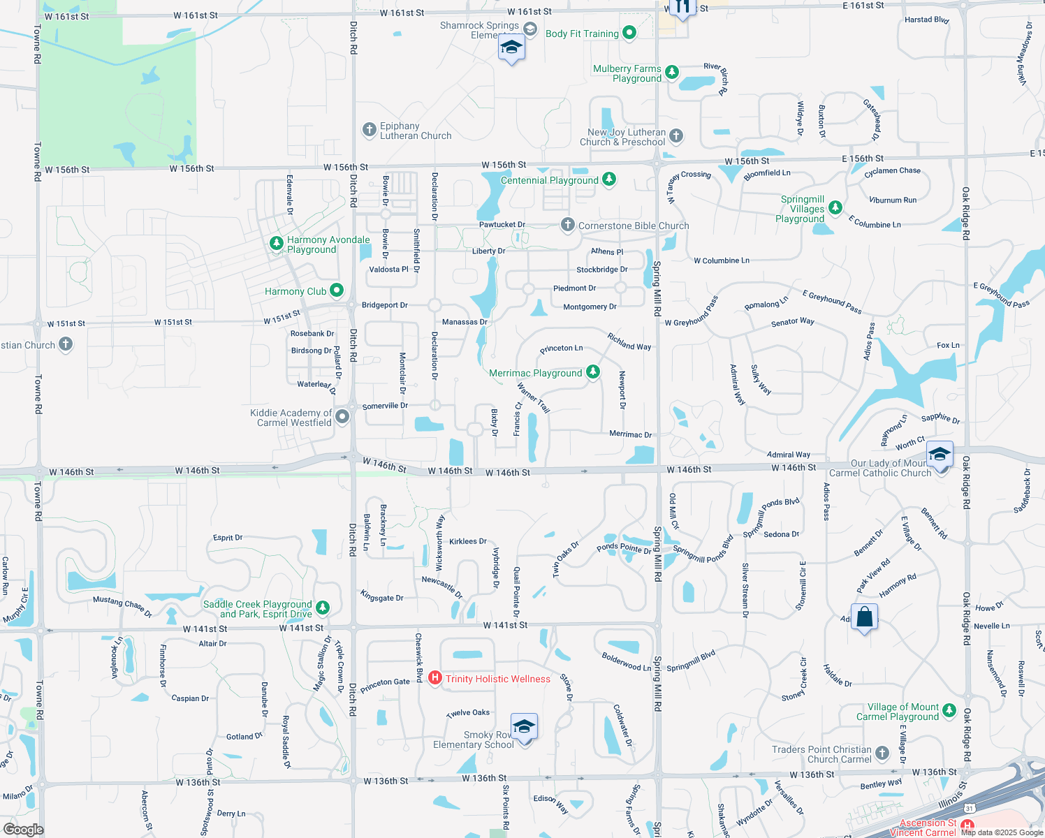 map of restaurants, bars, coffee shops, grocery stores, and more near 14739 Francis Court in Westfield