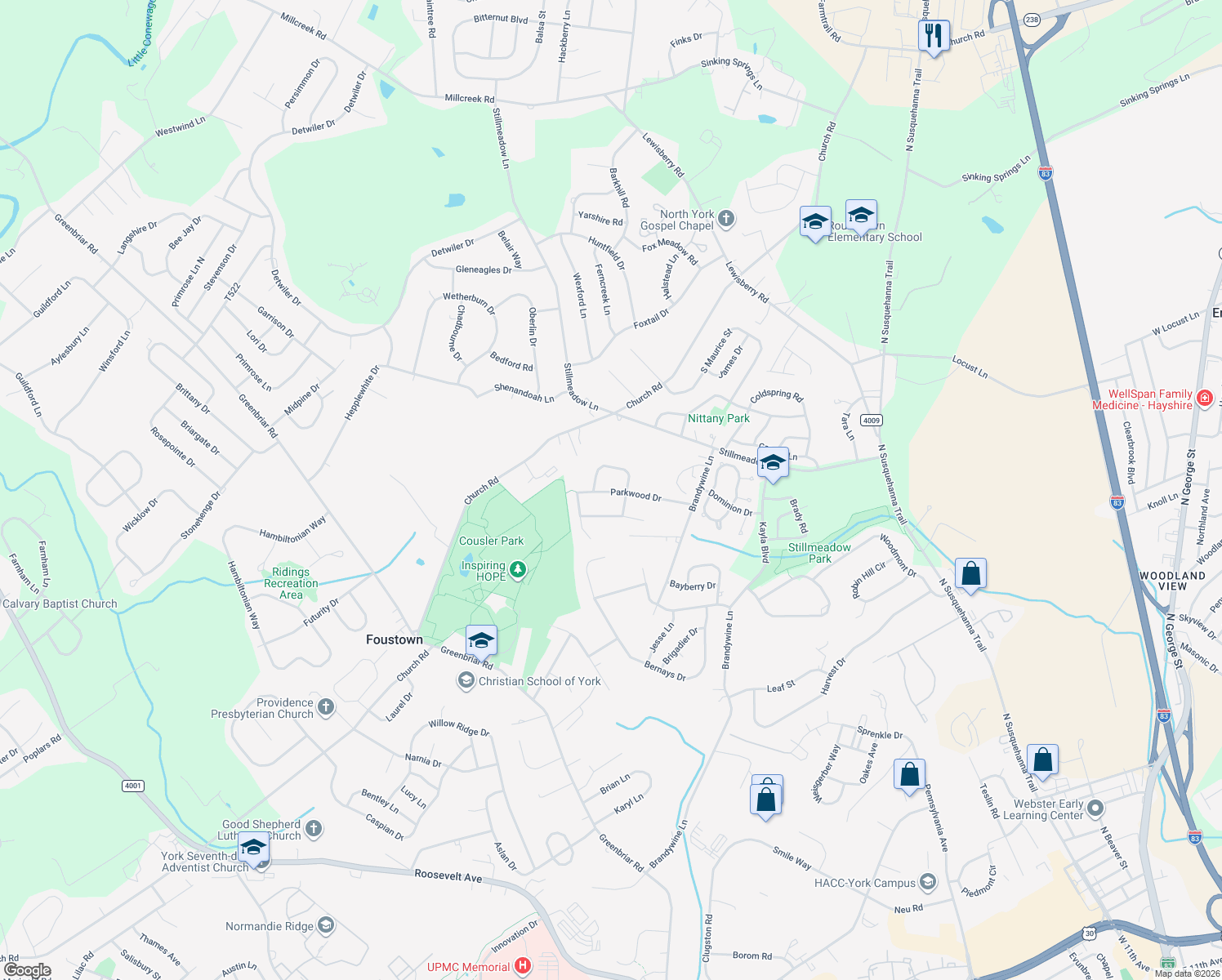 map of restaurants, bars, coffee shops, grocery stores, and more near 663 Parkwood Dr in York