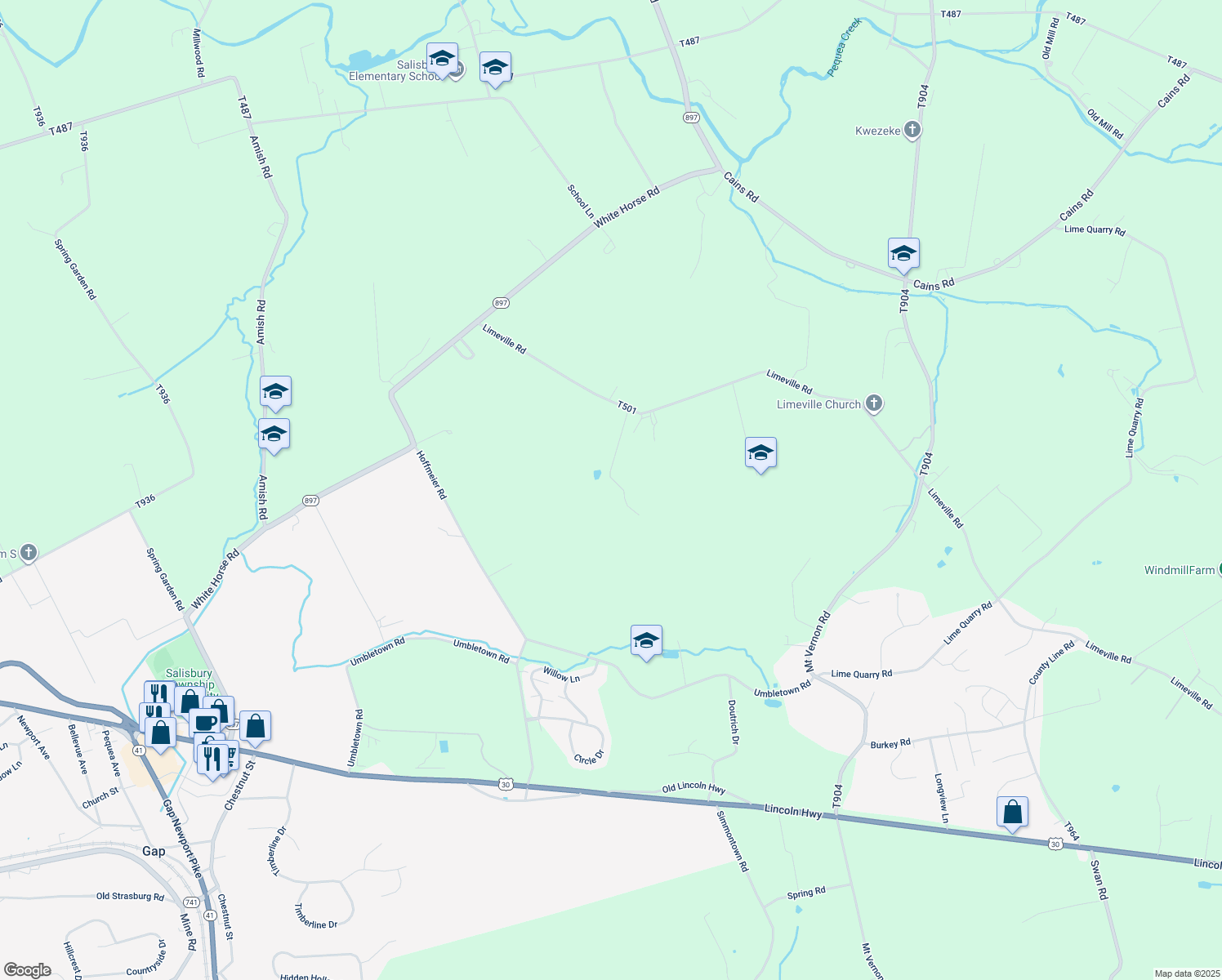 map of restaurants, bars, coffee shops, grocery stores, and more near 5624 Limeville Road in Gap