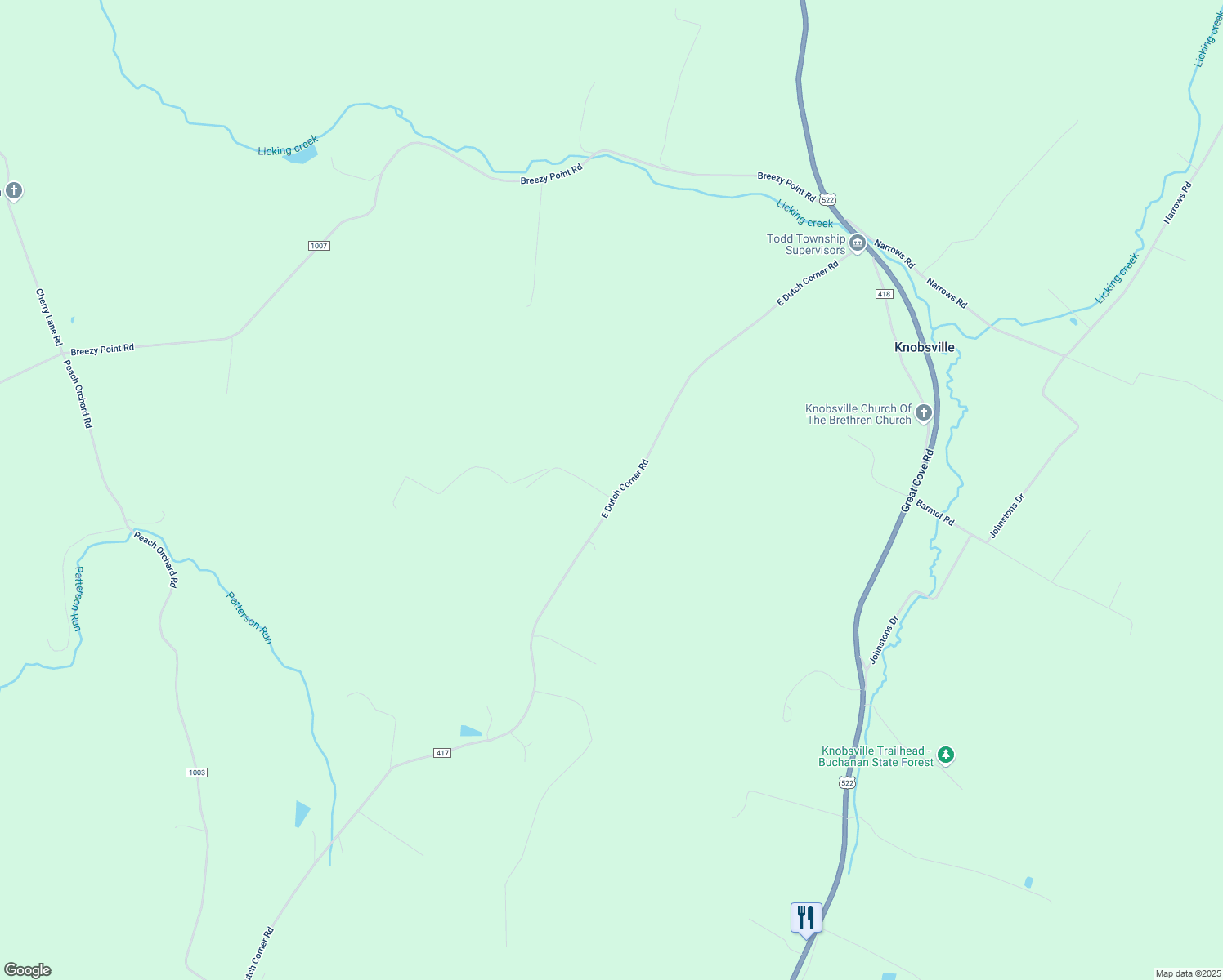map of restaurants, bars, coffee shops, grocery stores, and more near 2033 East Dutch Corner Road in McConnellsburg