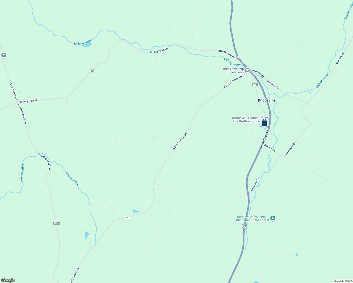 map of restaurants, bars, coffee shops, grocery stores, and more near 2033 East Dutch Corner Road in McConnellsburg