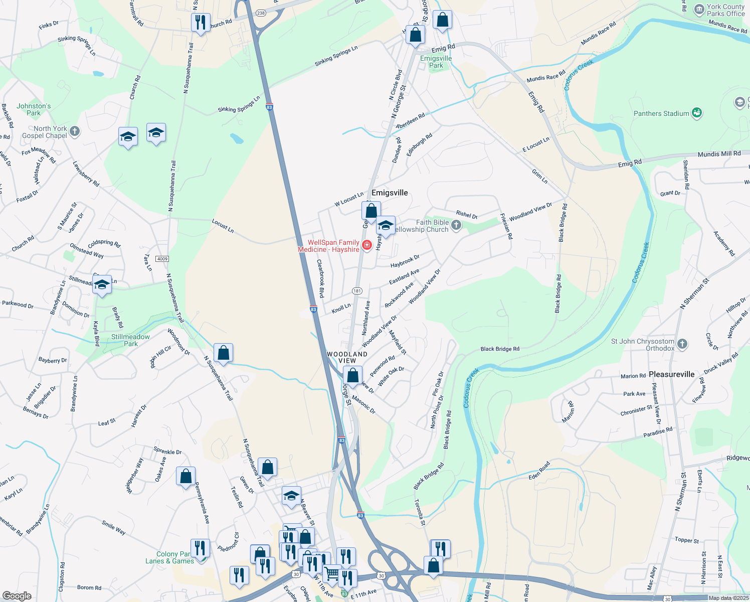 map of restaurants, bars, coffee shops, grocery stores, and more near 2547 Northland Avenue in York