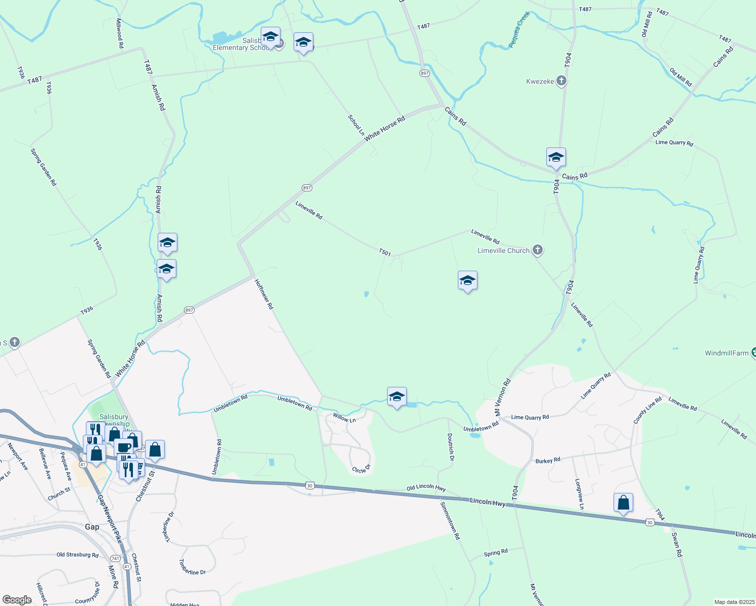 map of restaurants, bars, coffee shops, grocery stores, and more near 5624 Limeville Road in Gap